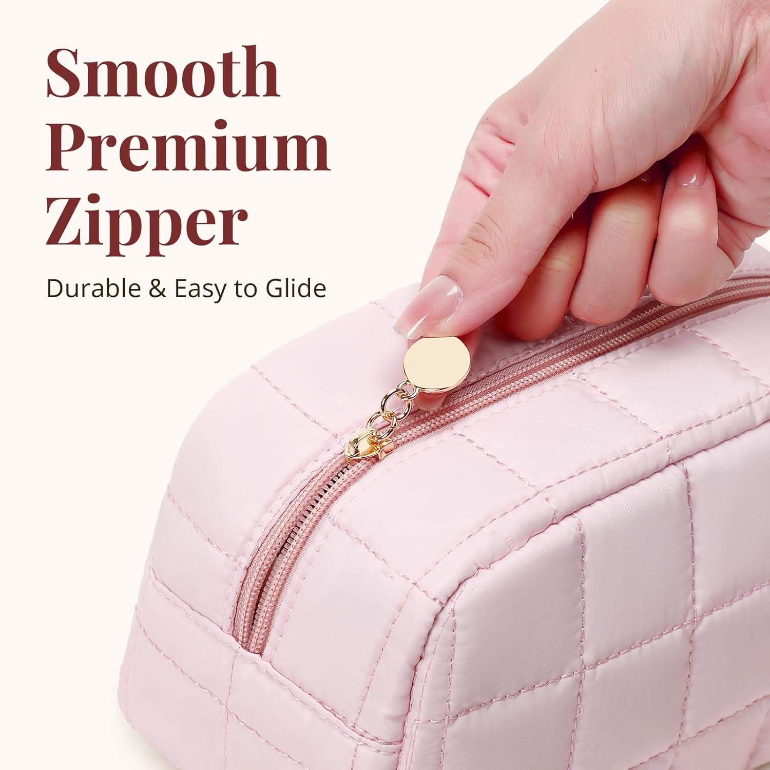 Makeup Bag, Quilted Puffy Travel Toiletry Bag with Compartments, Wide-Open Cosmetic Bag for Women, Pouch Purse Organizer, Pink