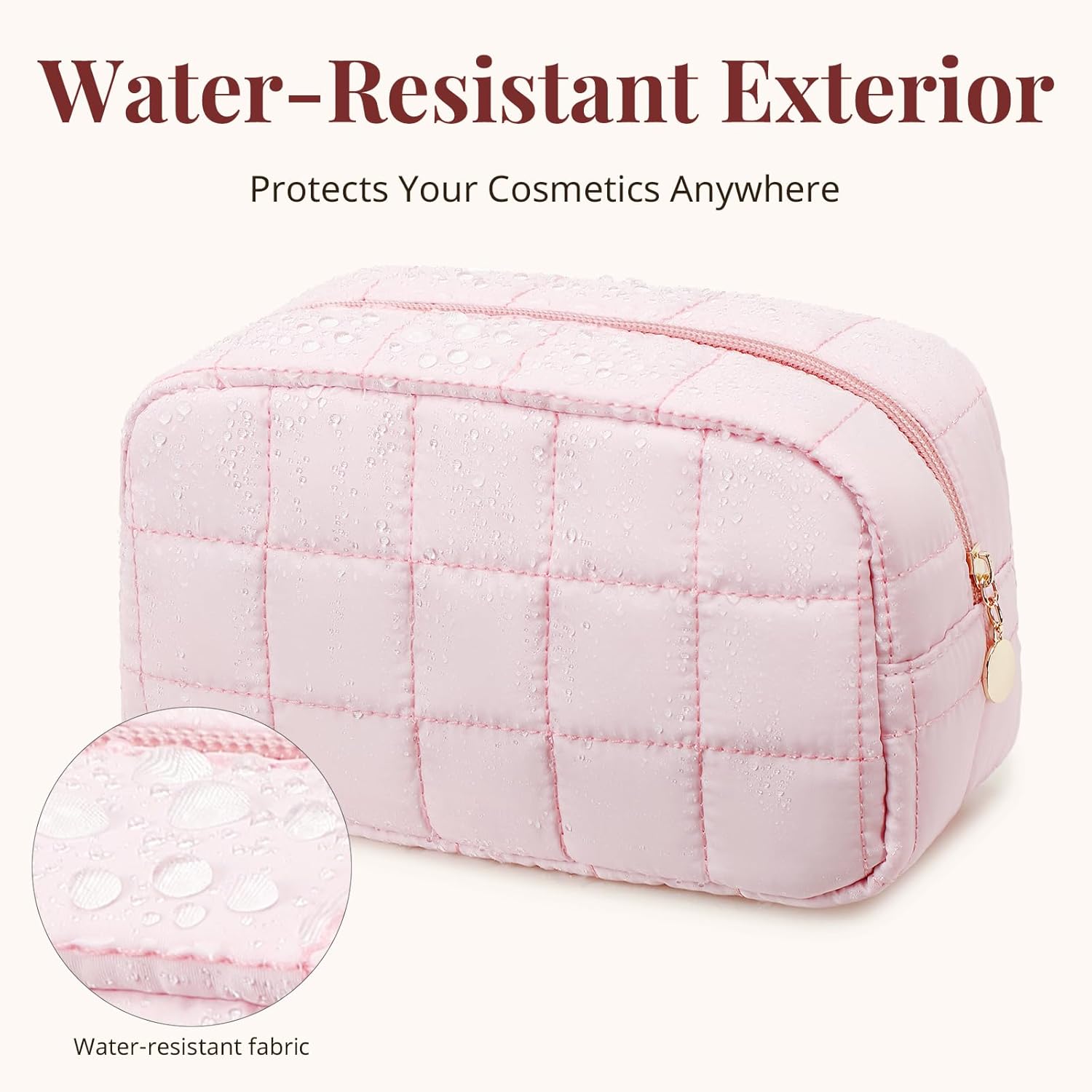 Makeup Bag, Quilted Puffy Travel Toiletry Bag with Compartments, Wide-Open Cosmetic Bag for Women, Pouch Purse Organizer, Pink