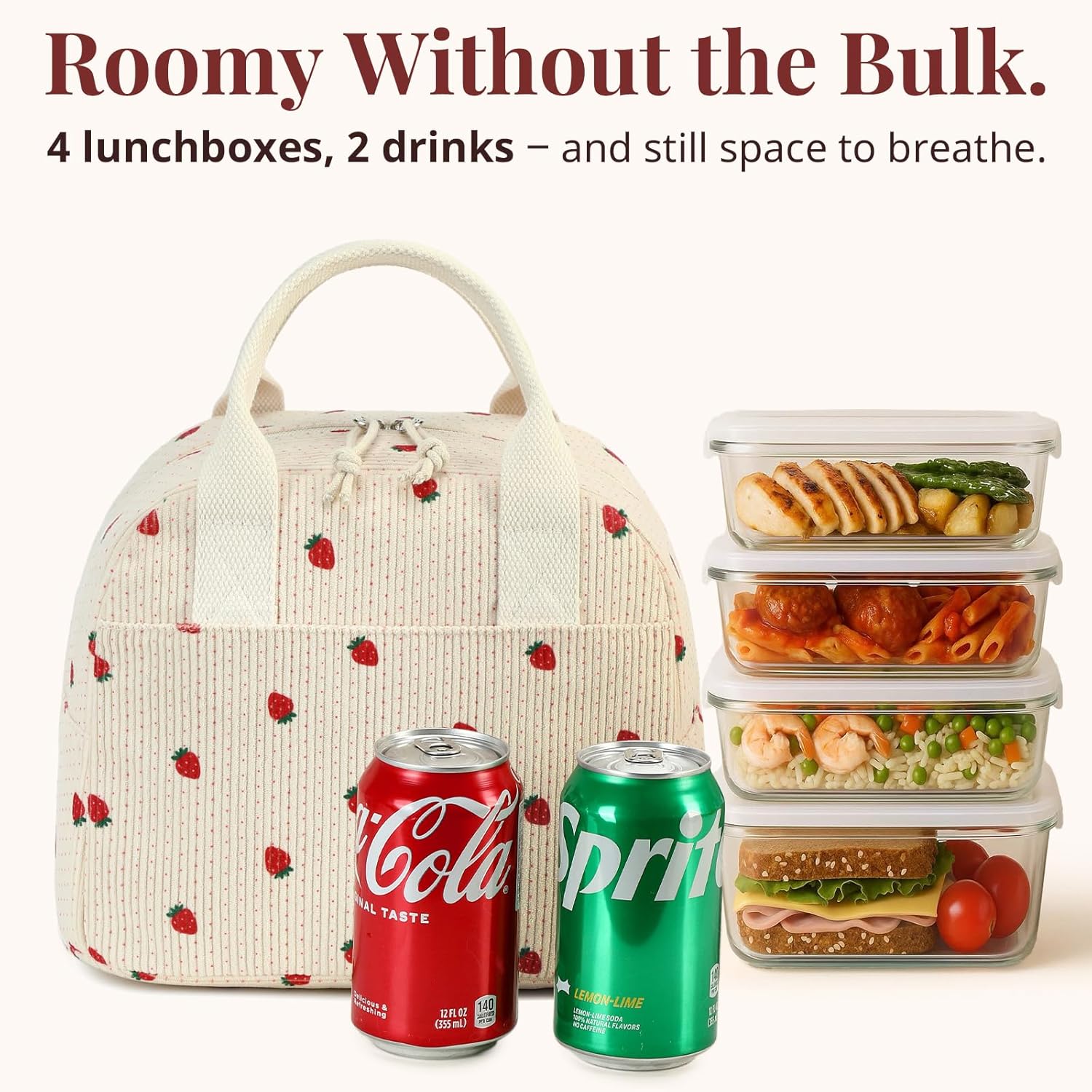 Insulated Straerry Lunch Bag for Women, Stylish Corduroy Tote with Aluminum Lining, Large Capacity Reusable Cooler for Work, Travel, Beach or Picnic, Beige Cream Water-Resistant Lunch Box