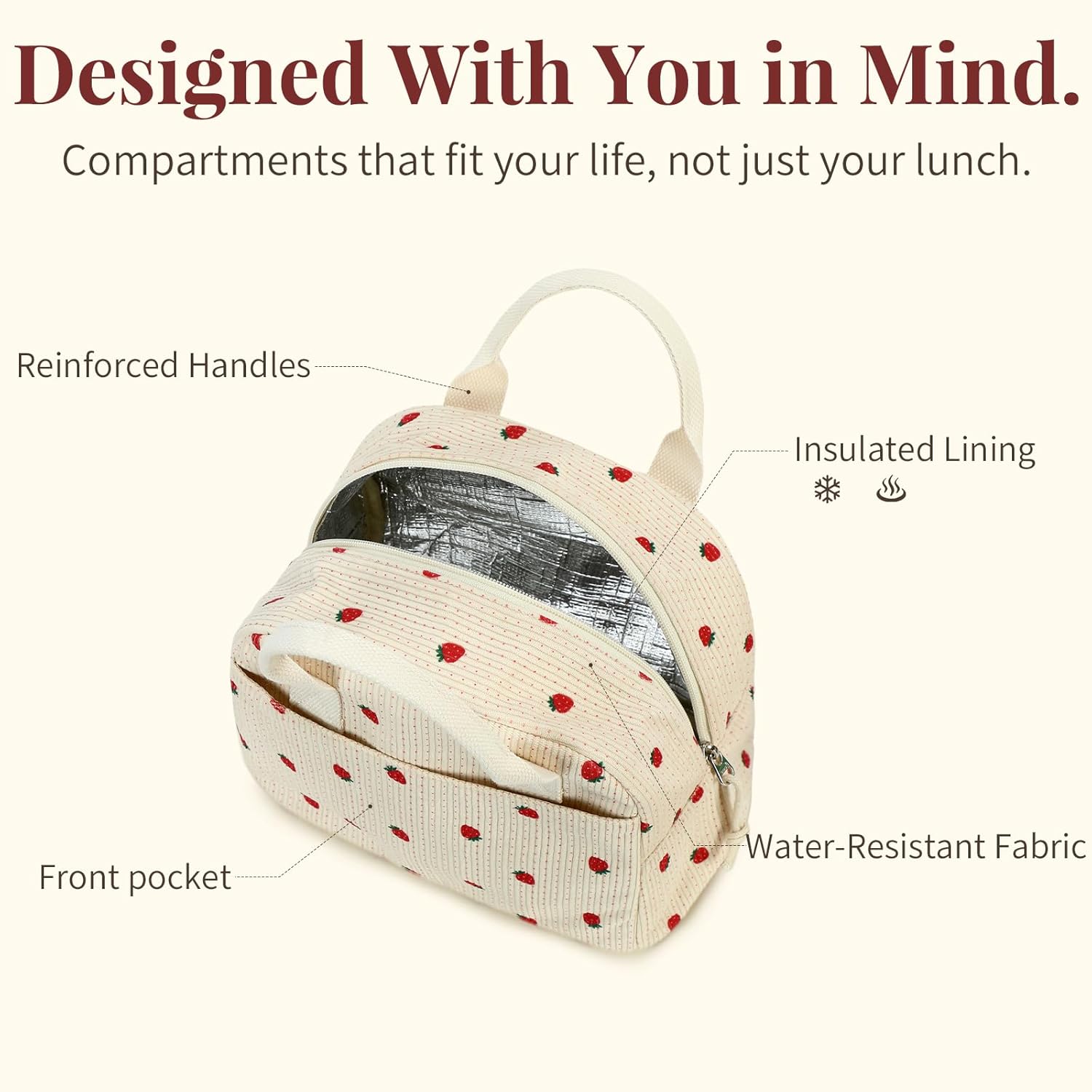 Insulated Straerry Lunch Bag for Women, Stylish Corduroy Tote with Aluminum Lining, Large Capacity Reusable Cooler for Work, Travel, Beach or Picnic, Beige Cream Water-Resistant Lunch Box