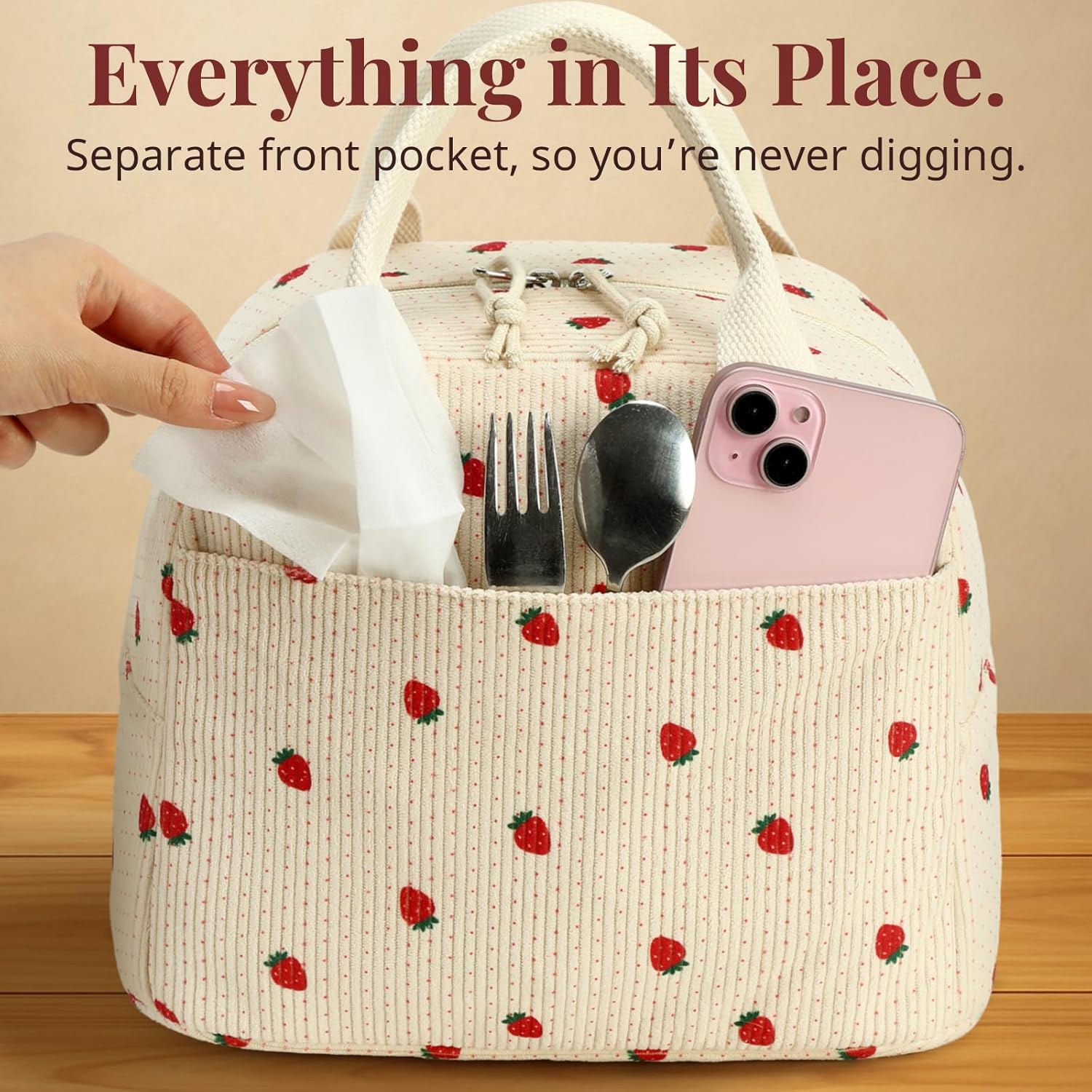 Insulated Straerry Lunch Bag for Women, Stylish Corduroy Tote with Aluminum Lining, Large Capacity Reusable Cooler for Work, Travel, Beach or Picnic, Beige Cream Water-Resistant Lunch Box