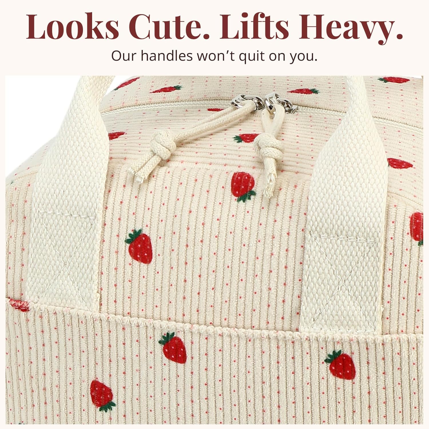 Insulated Straerry Lunch Bag for Women, Stylish Corduroy Tote with Aluminum Lining, Large Capacity Reusable Cooler for Work, Travel, Beach or Picnic, Beige Cream Water-Resistant Lunch Box