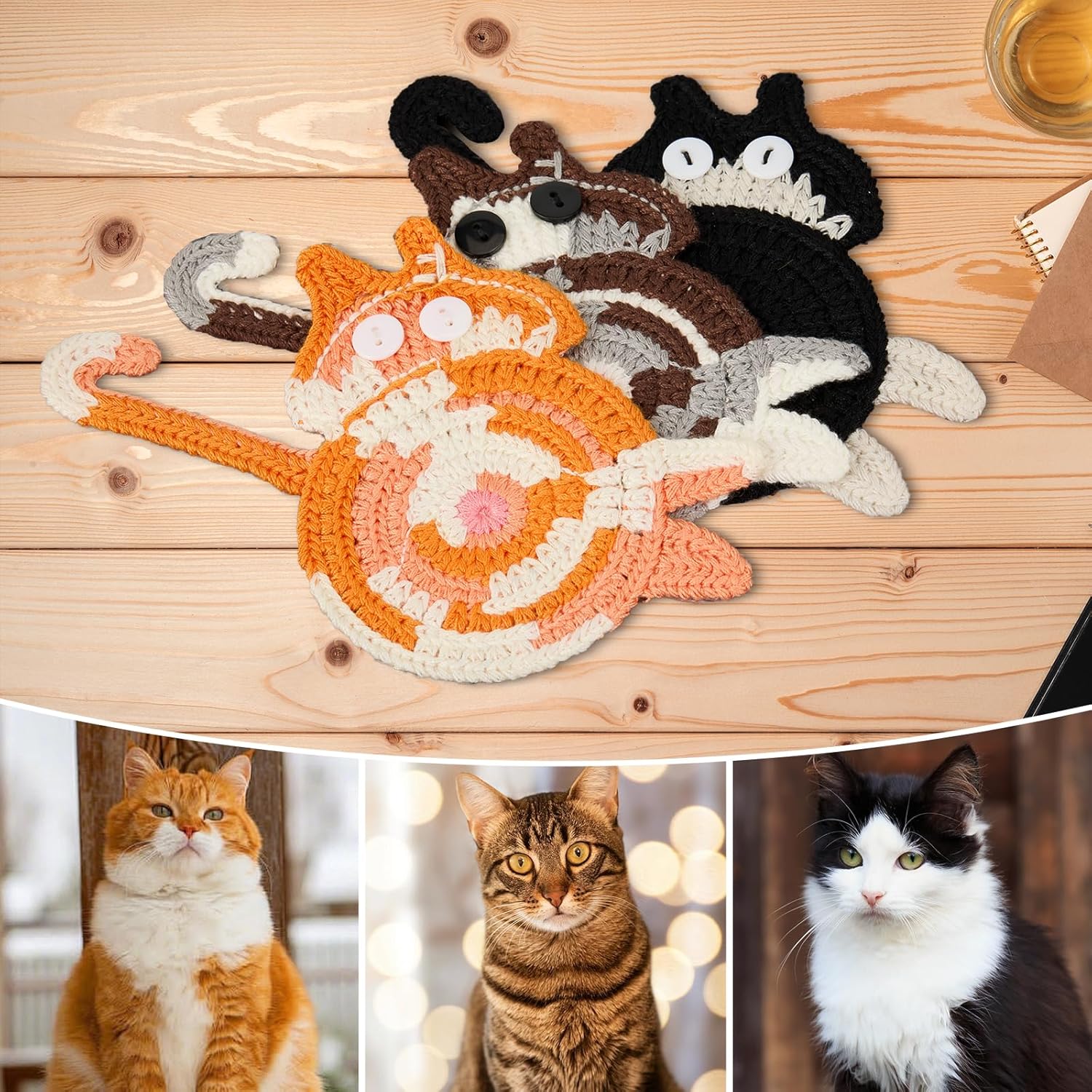 Drink Coaster | Cat Gifts for Cat Lovers,Fun Woven Coasters,Cute Coffee Coaster for Home Decor Tabletop Protection Suitable for Kinds Cups 3PC