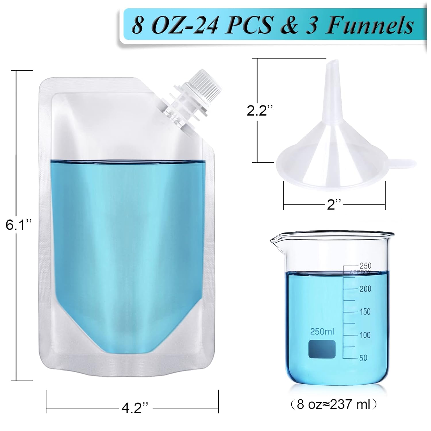 24 Pcs Plastic Flasks, 8 Oz Concealable and Reusable Drink Pouches, Leak-Proof Food Grade Plastic for Travel 8OZ-24PCS +3 Funnels