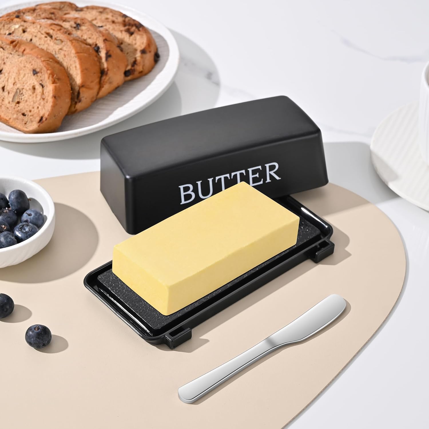 Butter Dish With Cover And Knife,Food Grade Plastic Butter Holder With Lid For Countertop,Black Dishwasher Safe Butter Storage Container