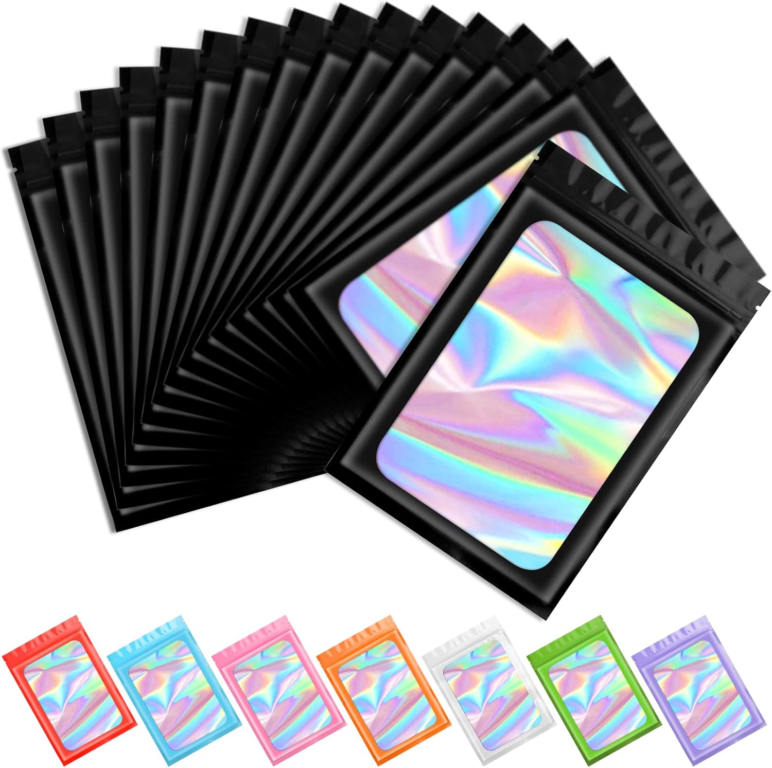 100 pcs Black Mylar Holographic Bags Packaging Bags,Clear Resealable Bag Foil Pouch Bag for Food Storage and Lipgloss,Jewelry,Eyelash Packaging for Small Business 2.4x3.9Inch