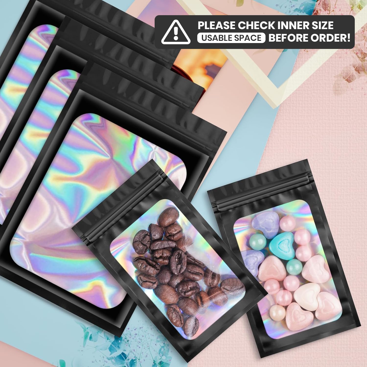 100 pcs Black Mylar Holographic Bags Packaging Bags,Clear Resealable Bag Foil Pouch Bag for Food Storage and Lipgloss,Jewelry,Eyelash Packaging for Small Business 2.4x3.9Inch