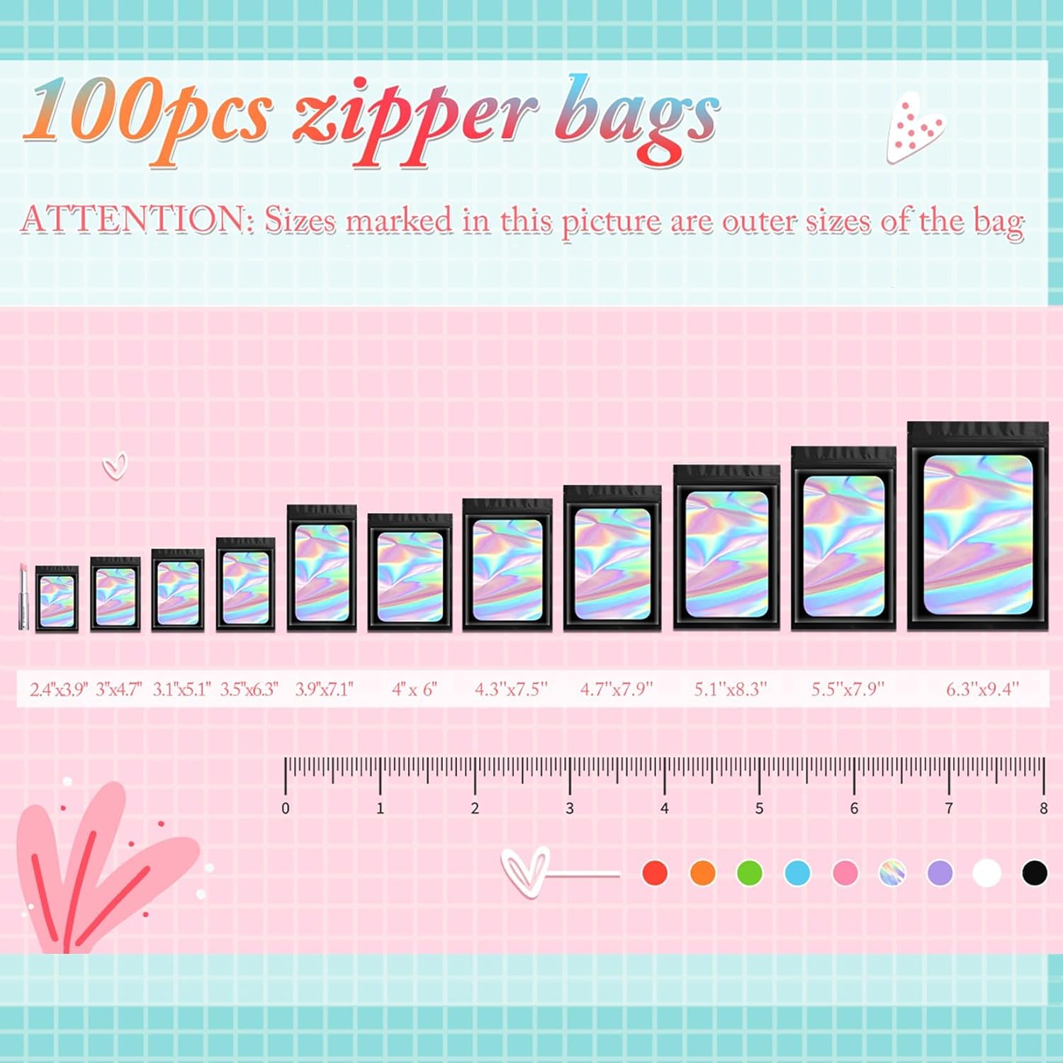 100 pcs Black Mylar Holographic Bags Packaging Bags,Clear Resealable Bag Foil Pouch Bag for Food Storage and Lipgloss,Jewelry,Eyelash Packaging for Small Business 2.4x3.9Inch