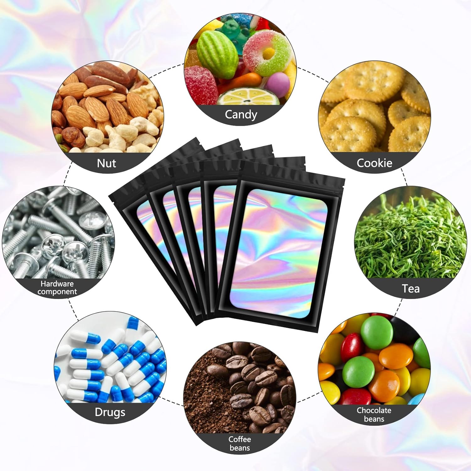 100 pcs Black Mylar Holographic Bags Packaging Bags,Clear Resealable Bag Foil Pouch Bag for Food Storage and Lipgloss,Jewelry,Eyelash Packaging for Small Business 2.4x3.9Inch