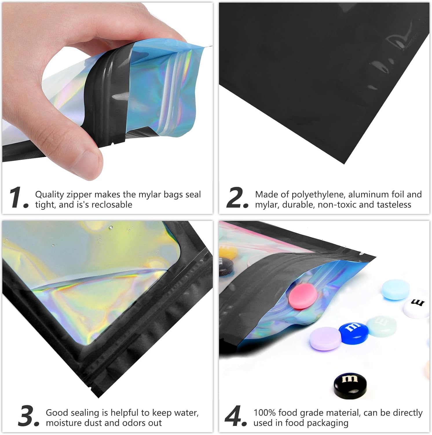 100 pcs Black Mylar Holographic Bags Packaging Bags,Clear Resealable Bag Foil Pouch Bag for Food Storage and Lipgloss,Jewelry,Eyelash Packaging for Small Business 2.4x3.9Inch