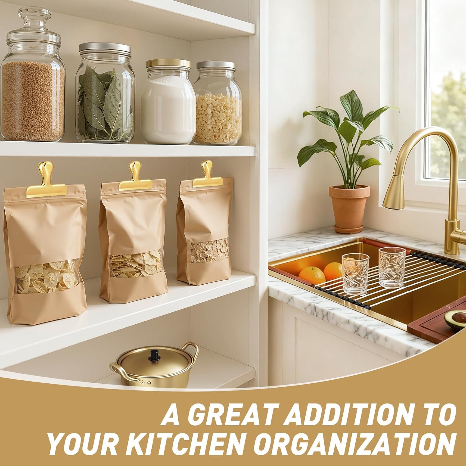 Chip Clips Bag Clips Gold Stainless Steel Clip for Food Storage,Air Tight Seal Chip Bag Clip 3 Inch Strong Food Clipp for Snack,Chips,Kitchen Decor,Home&Office Paper Heavy Duty-8 Pack