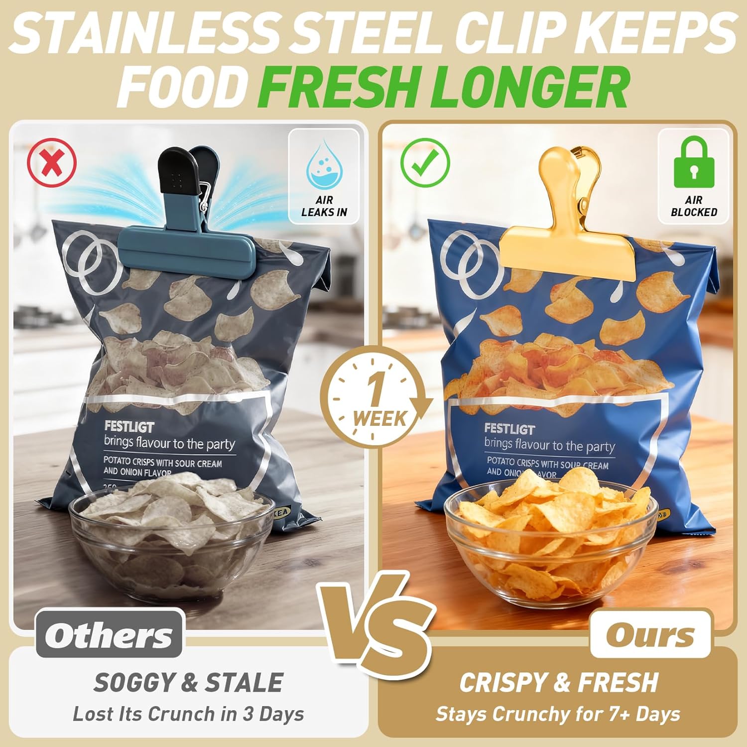 Chip Clips Bag Clips Gold Stainless Steel Clip for Food Storage,Air Tight Seal Chip Bag Clip 3 Inch Strong Food Clipp for Snack,Chips,Kitchen Decor,Home&Office Paper Heavy Duty-8 Pack