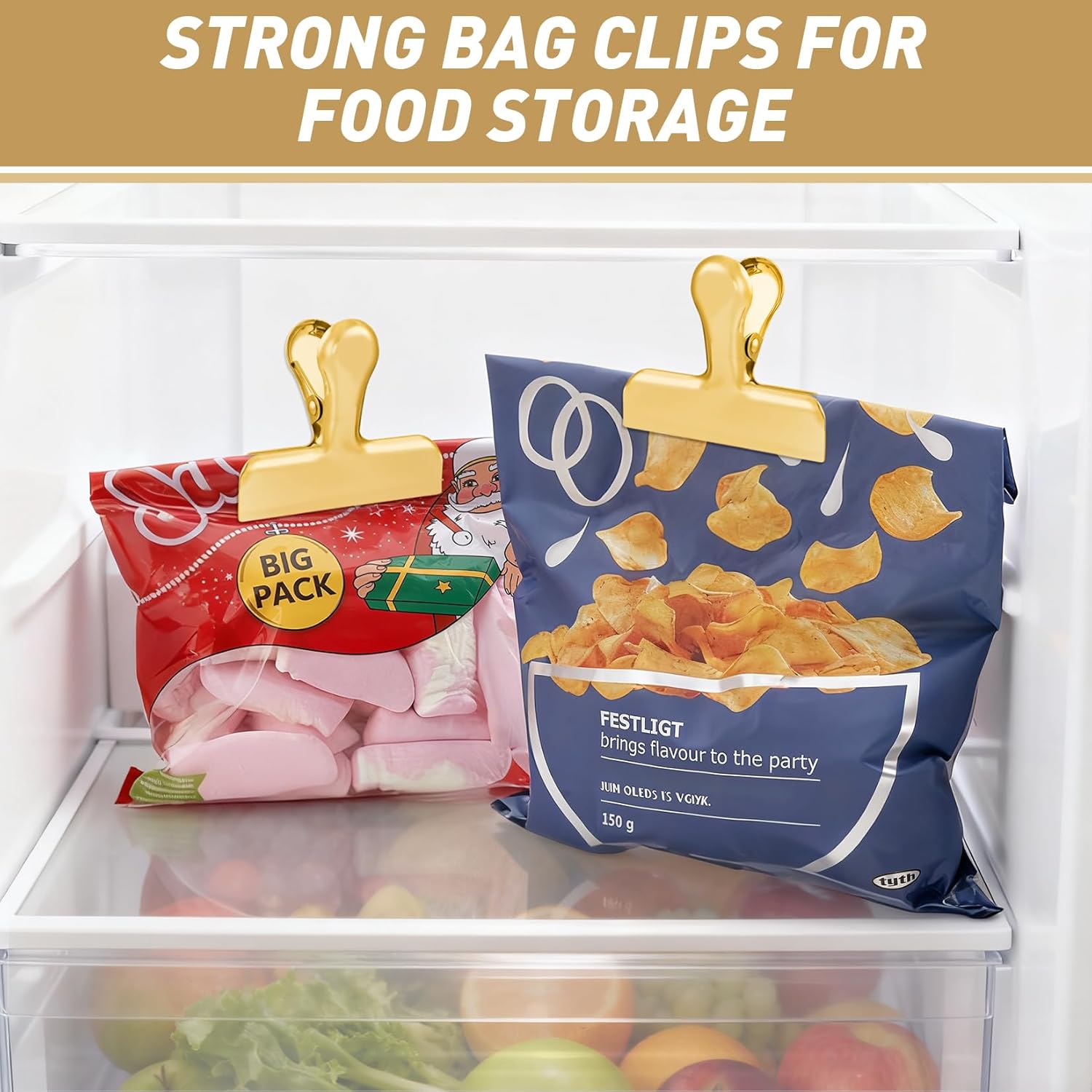 Chip Clips Bag Clips Gold Stainless Steel Clip for Food Storage,Air Tight Seal Chip Bag Clip 3 Inch Strong Food Clipp for Snack,Chips,Kitchen Decor,Home&Office Paper Heavy Duty-8 Pack