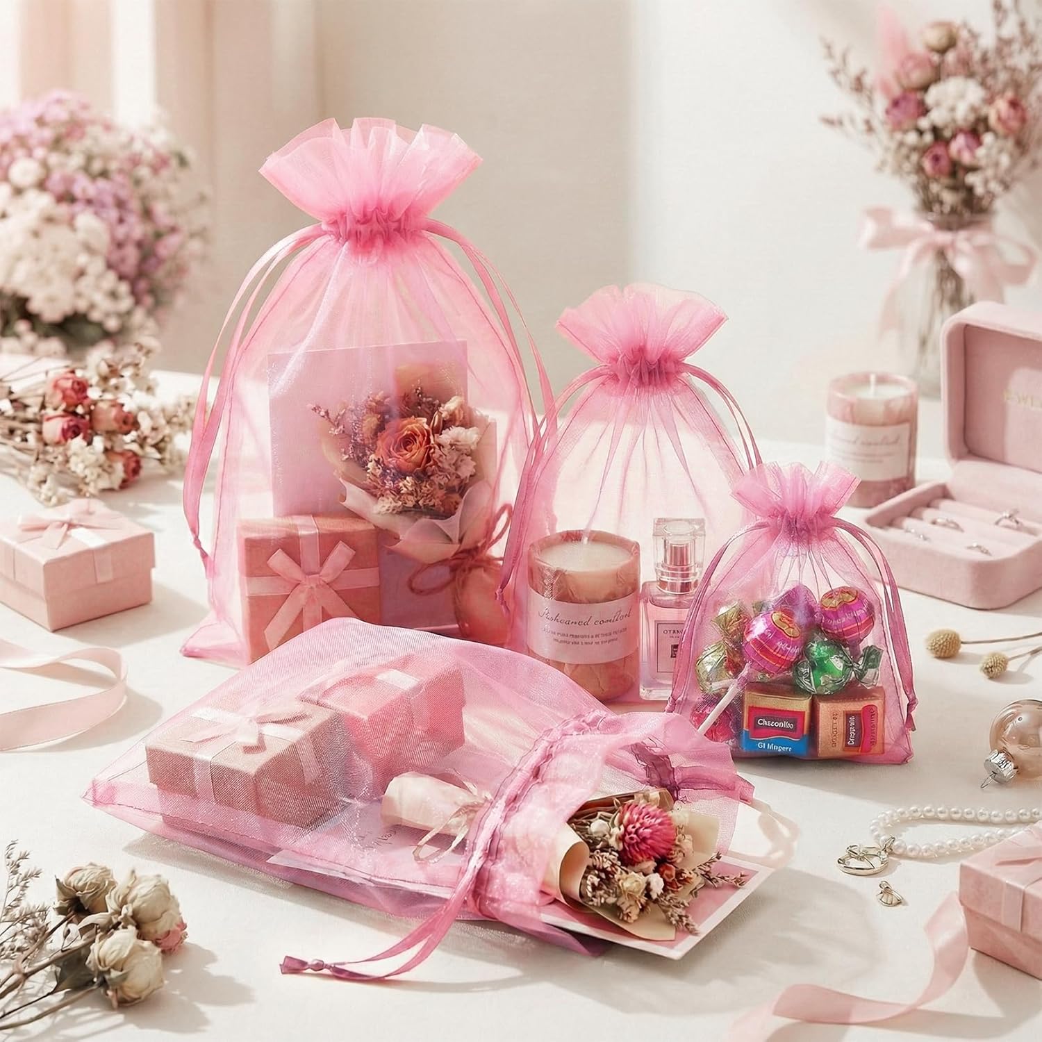 100 Pcs Pink Organza Bags 5x7 in, Small Mesh Drawstring Gift Bags for Sachet, Jewelry, Candy, Wedding Favor, Valentine's Day