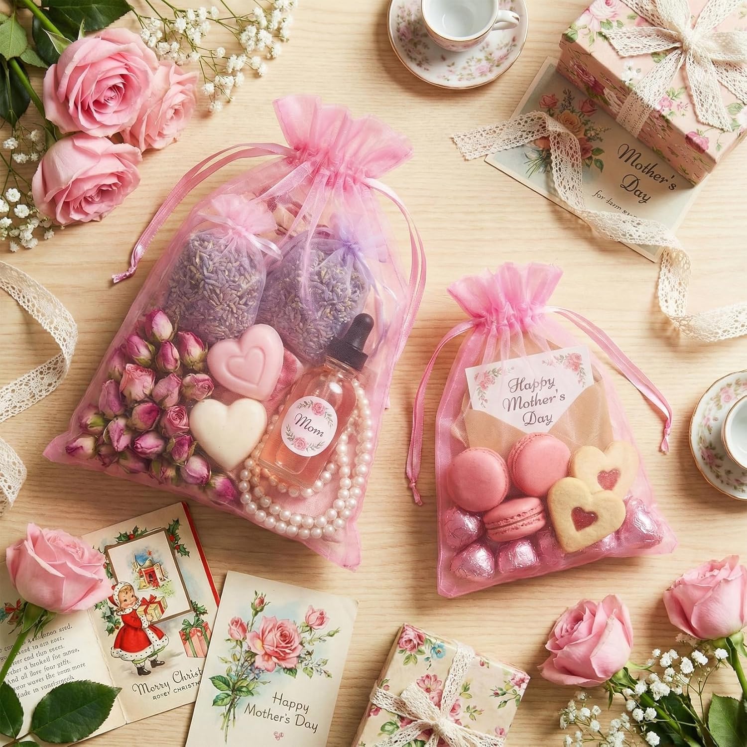 100 Pcs Pink Organza Bags 5x7 in, Small Mesh Drawstring Gift Bags for Sachet, Jewelry, Candy, Wedding Favor, Valentine's Day