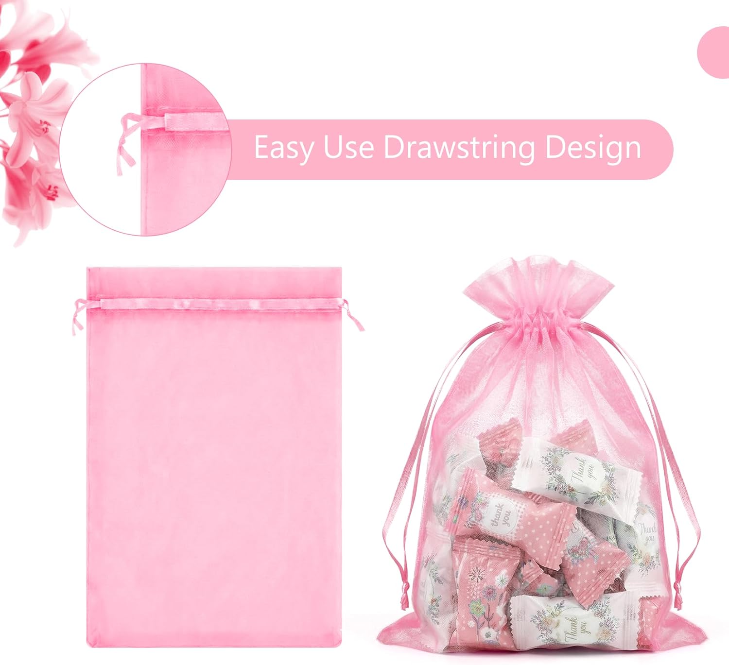100 Pcs Pink Organza Bags 5x7 in, Small Mesh Drawstring Gift Bags for Sachet, Jewelry, Candy, Wedding Favor, Valentine's Day