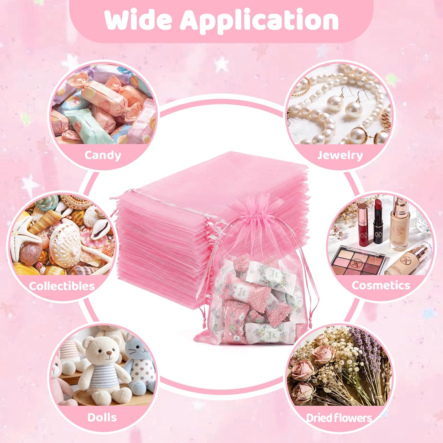 100 Pcs Pink Organza Bags 5x7 in, Small Mesh Drawstring Gift Bags for Sachet, Jewelry, Candy, Wedding Favor, Valentine's Day