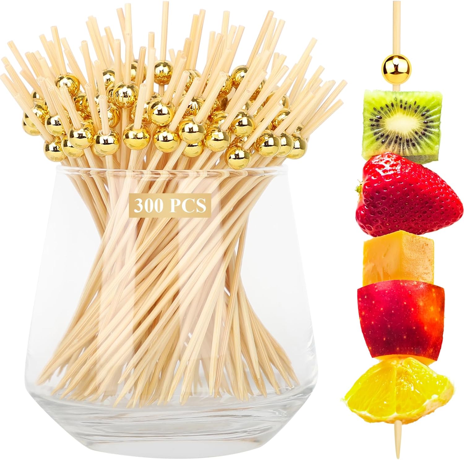 300PCS Cocktail Picks, Fancy Toothpicks for Appetizers Drinks Food Fruit, 4.7 IN Long Decorative Bamboo Skewers, Gold Pearl Wooden Garnish Sticks for Charcuterie Boards Accessories Party Supplies