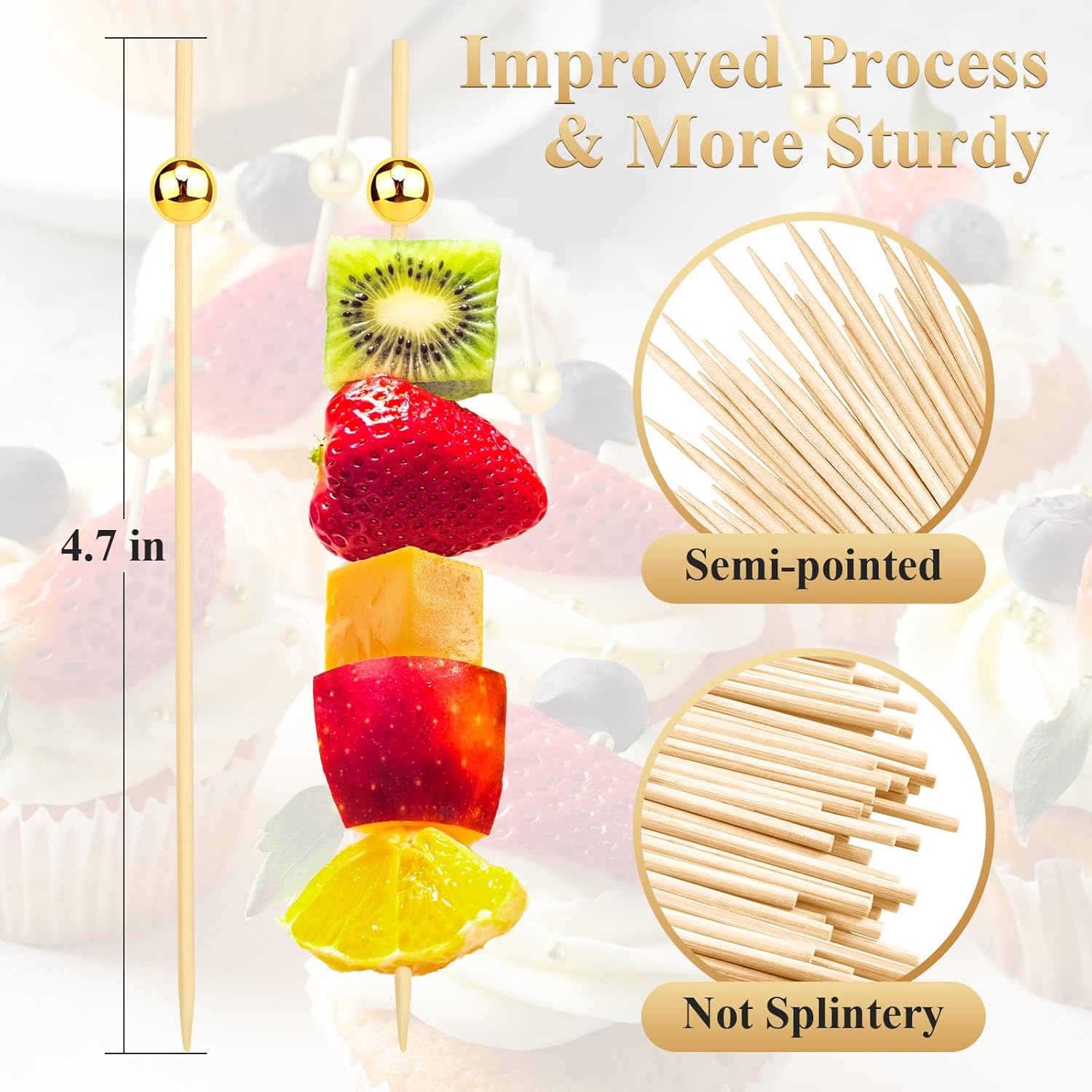 300PCS Cocktail Picks, Fancy Toothpicks for Appetizers Drinks Food Fruit, 4.7 IN Long Decorative Bamboo Skewers, Gold Pearl Wooden Garnish Sticks for Charcuterie Boards Accessories Party Supplies