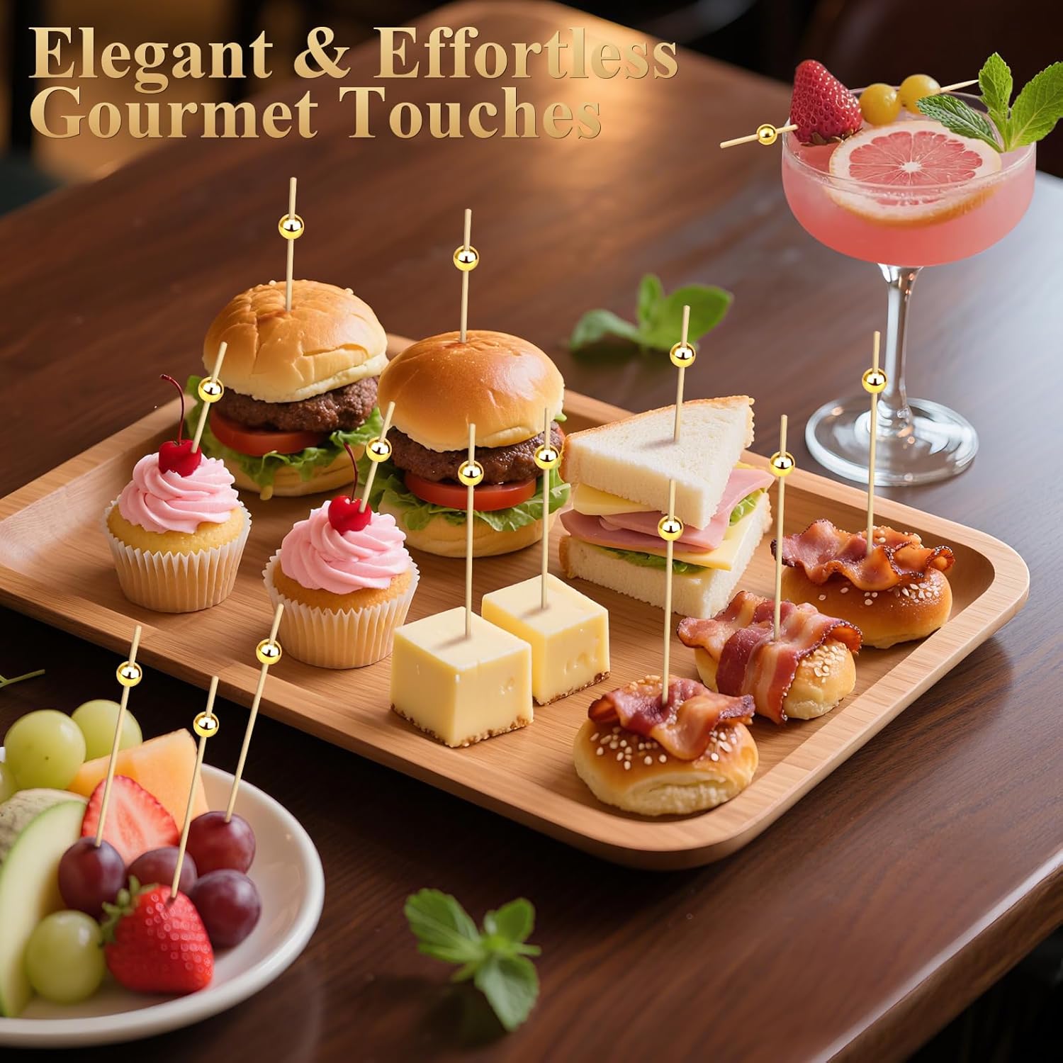 300PCS Cocktail Picks, Fancy Toothpicks for Appetizers Drinks Food Fruit, 4.7 IN Long Decorative Bamboo Skewers, Gold Pearl Wooden Garnish Sticks for Charcuterie Boards Accessories Party Supplies