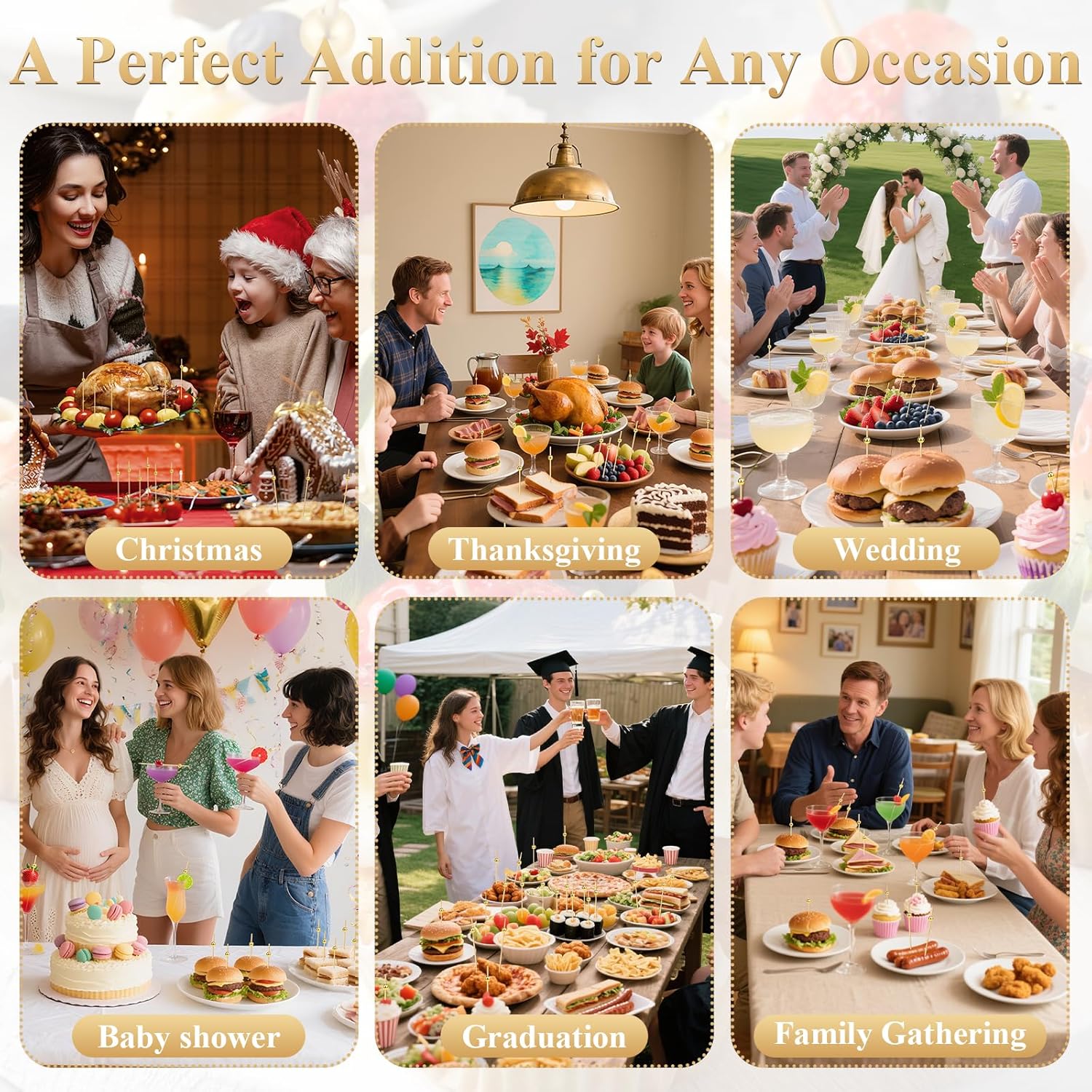 300PCS Cocktail Picks, Fancy Toothpicks for Appetizers Drinks Food Fruit, 4.7 IN Long Decorative Bamboo Skewers, Gold Pearl Wooden Garnish Sticks for Charcuterie Boards Accessories Party Supplies