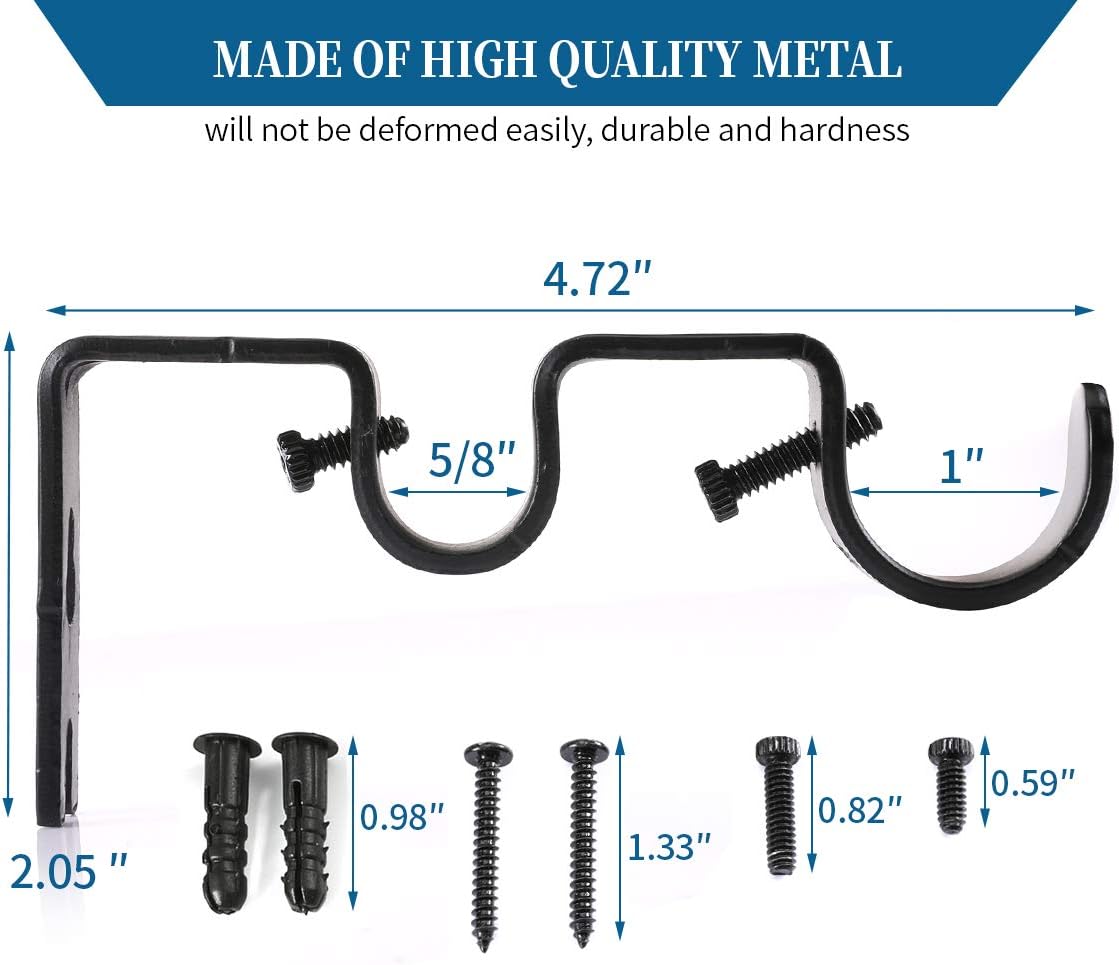 Heavy Duty Double Curtain Rod Brackets, 1" & 5/8" Inch Rod Holders Set of 2, Black