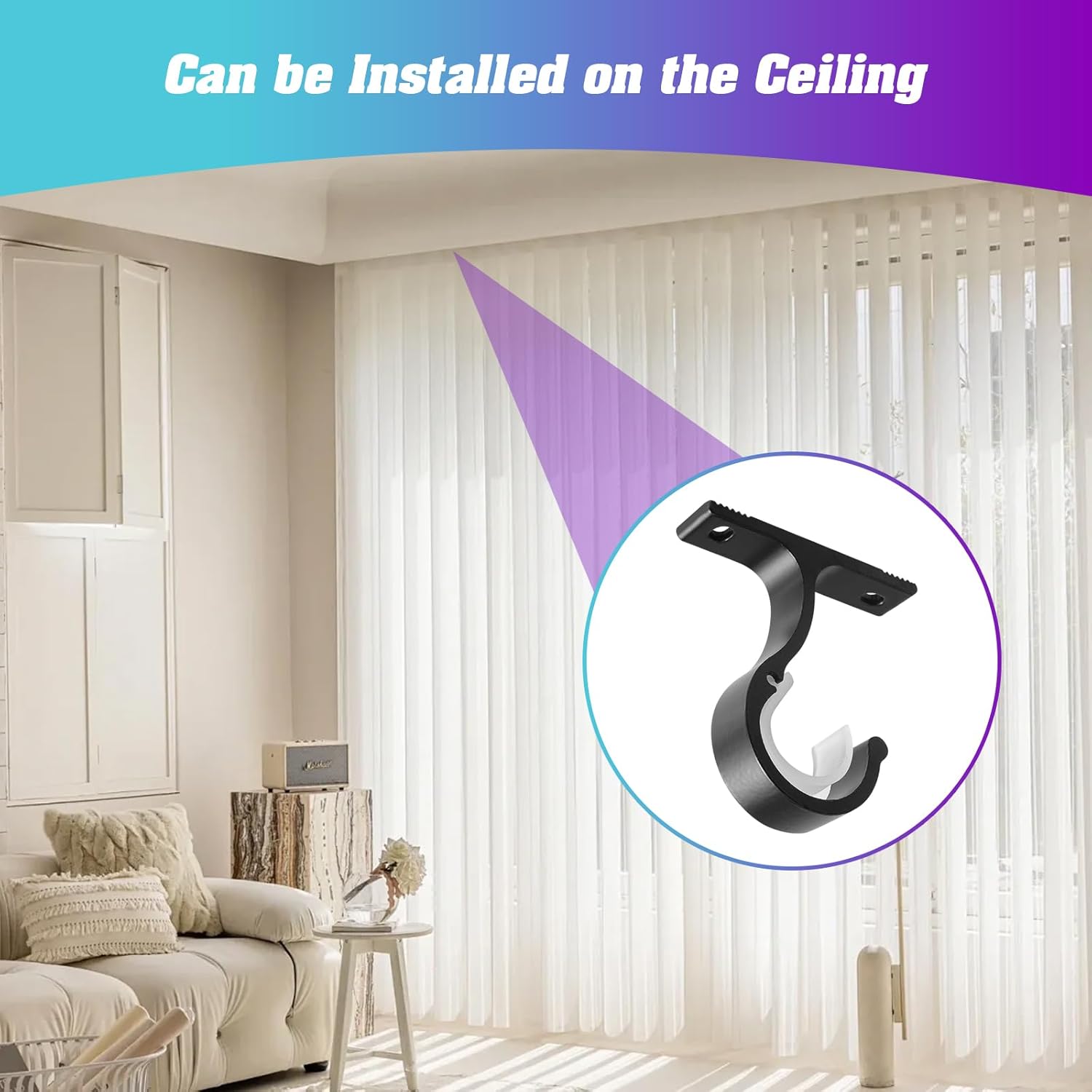 Ceiling Mount & Wall Installation Curtain Rod Brackets Holders for 1 Inch Rod, Black Set of 2, Black