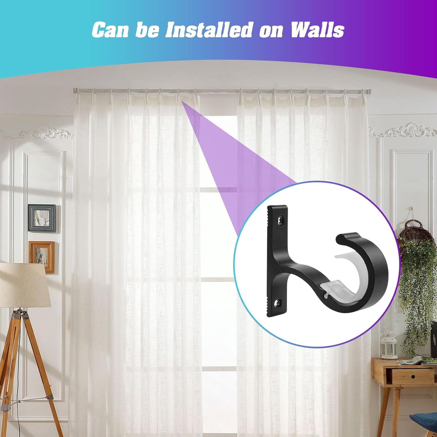 Ceiling Mount & Wall Installation Curtain Rod Brackets Holders for 1 Inch Rod, Black Set of 2, Black
