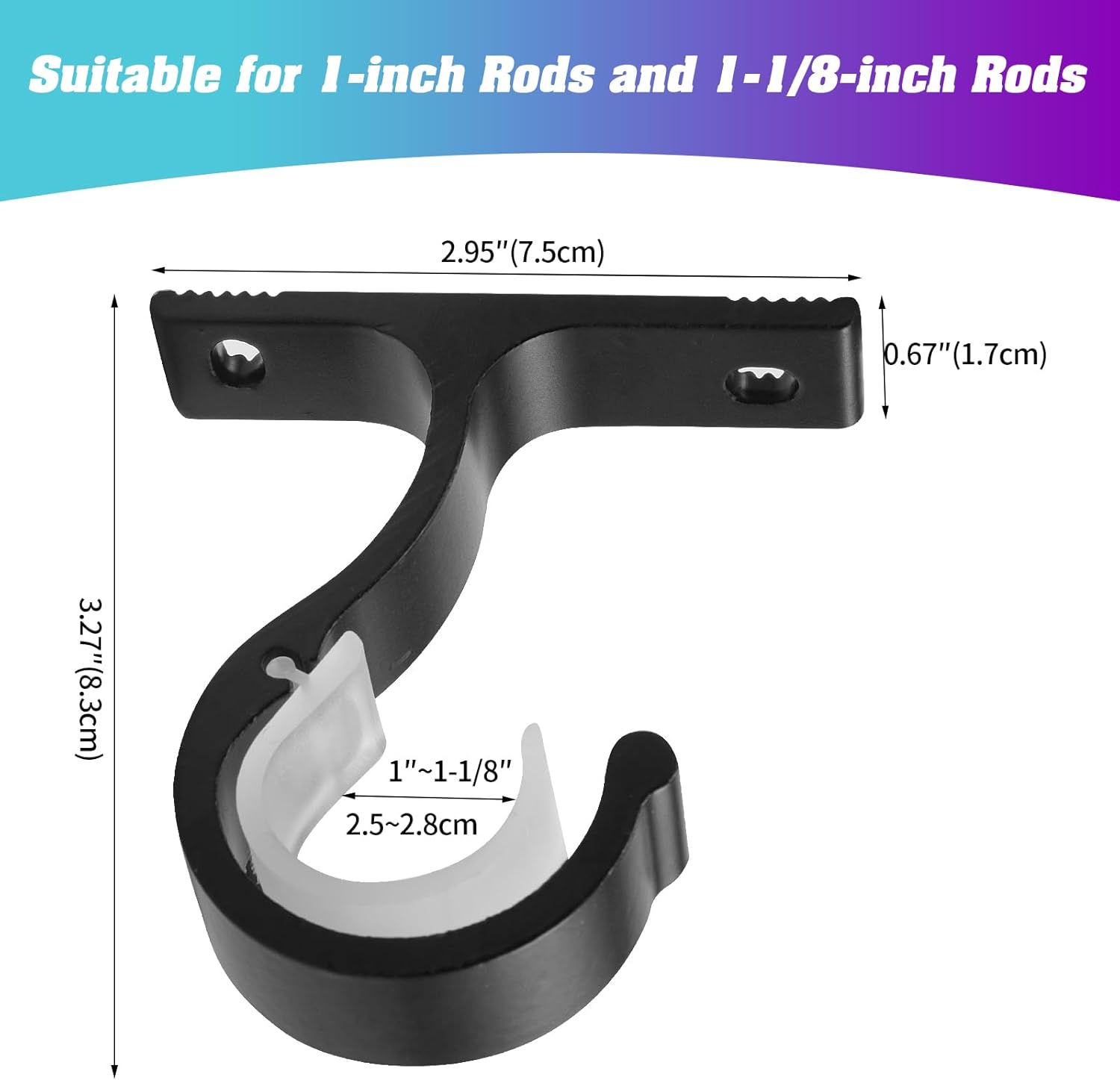 Ceiling Mount & Wall Installation Curtain Rod Brackets Holders for 1 Inch Rod, Black Set of 2, Black
