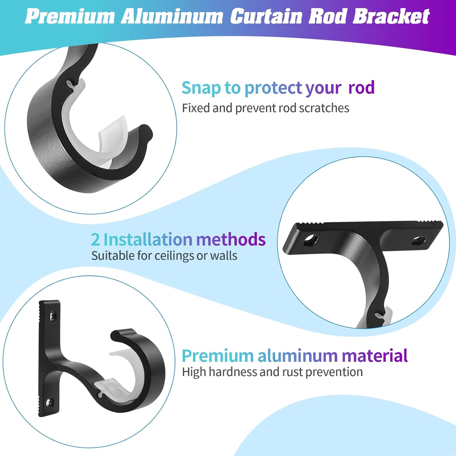 Ceiling Mount & Wall Installation Curtain Rod Brackets Holders for 1 Inch Rod, Black Set of 2, Black