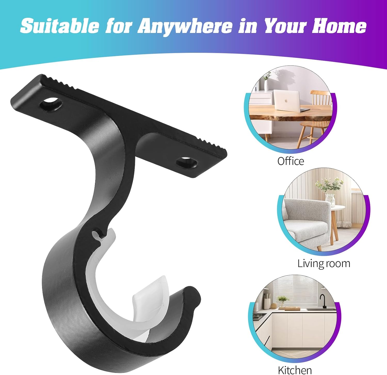 Ceiling Mount & Wall Installation Curtain Rod Brackets Holders for 1 Inch Rod, Black Set of 2, Black