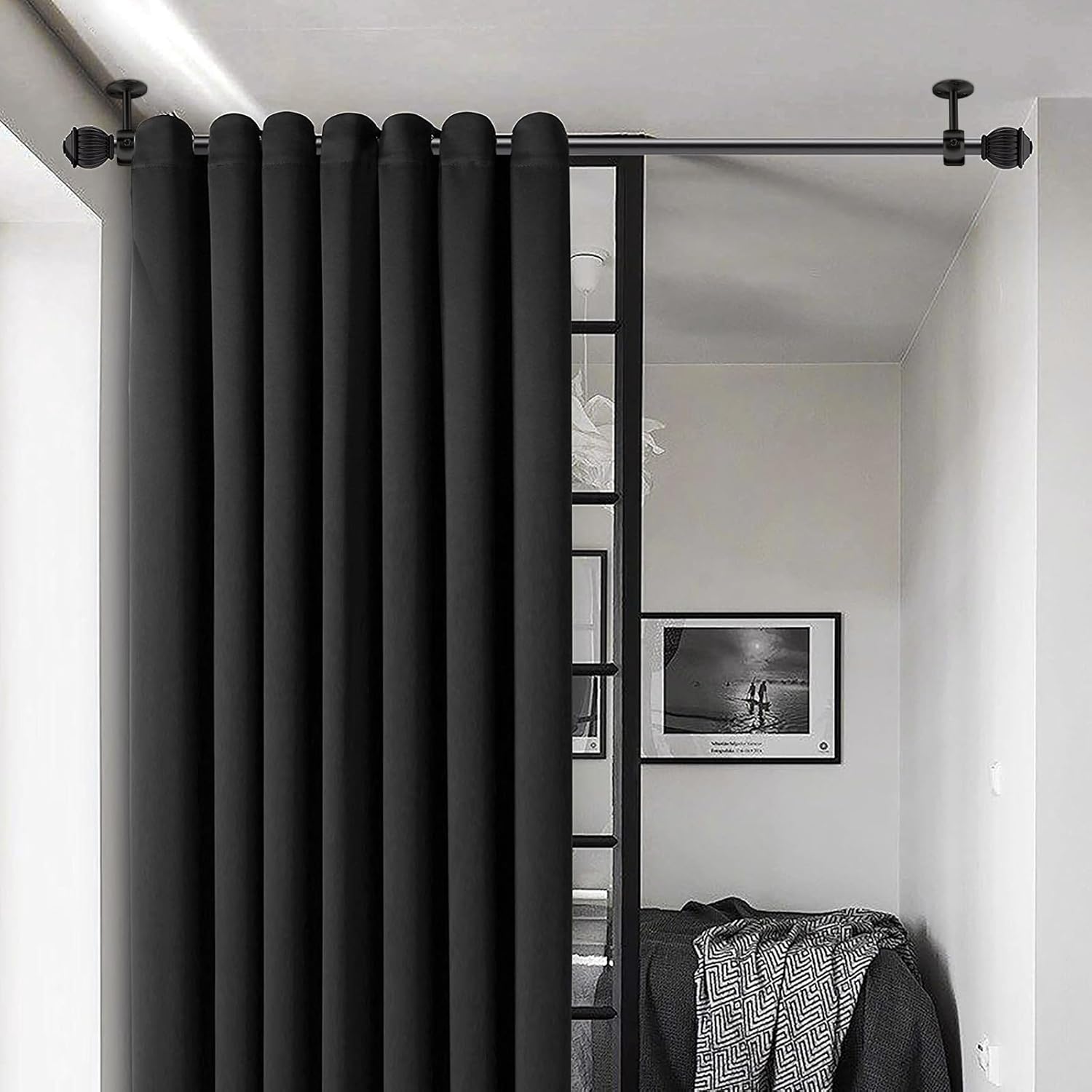 Curtain Rod Brackets, Ceiling Heavy Duty Holders, Black 4 Pack Hooks Hangers for 1 1/4-Inch Drape Poles