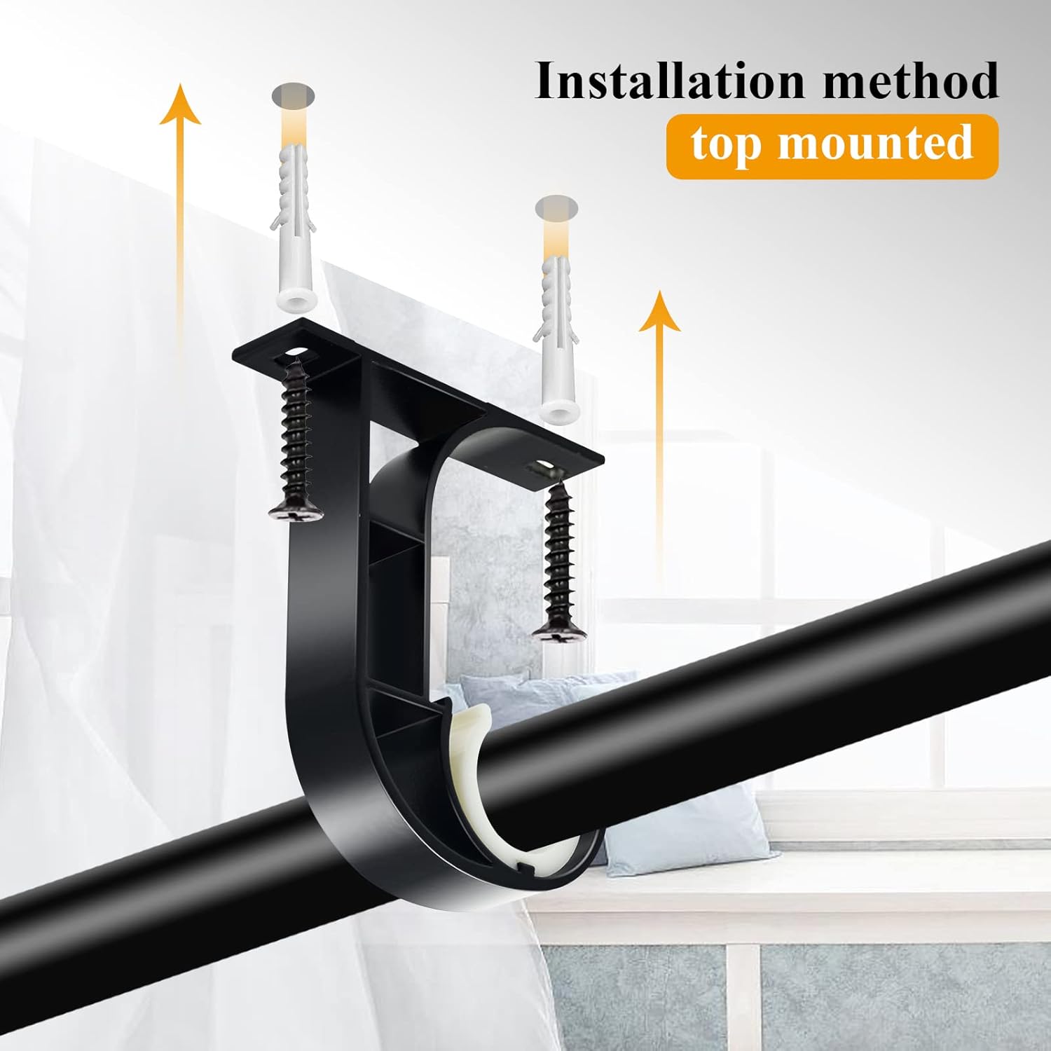 Ceiling Curtain Rod Bracket, 4 Pack Heavy Duty Curtain Rod Holders, Aluminum Alloy, Black Ceiling Curtain Hooks Hangers Fit for 1 Inch Drapery Rods