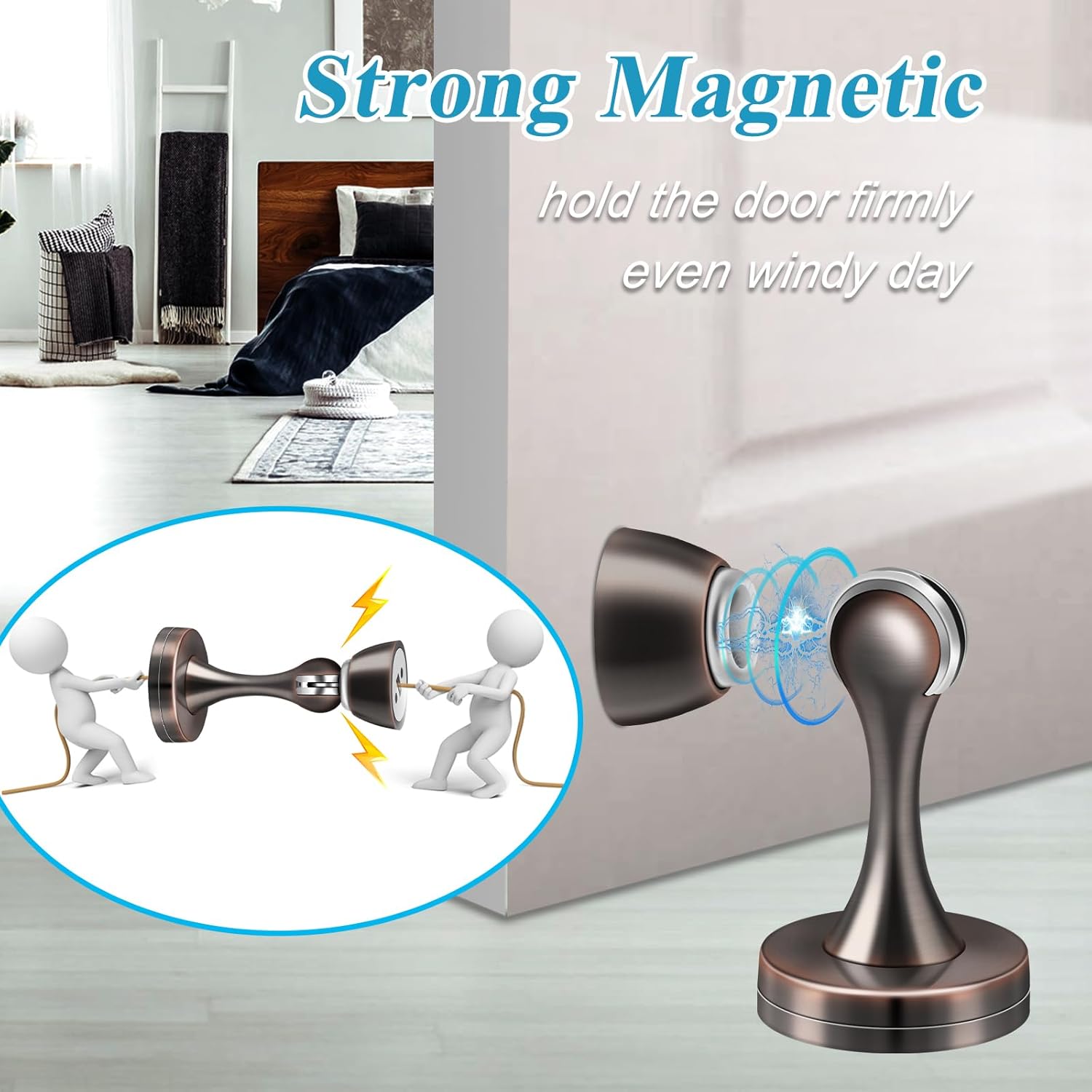 Magnetic Door Stoppers, Wall Floor Mount Door Stop, Oil Rubbed Bronze Heavy Duty Catch Holder, Stainless Steel, Doorstops for Bottom of Door, 2 Pack