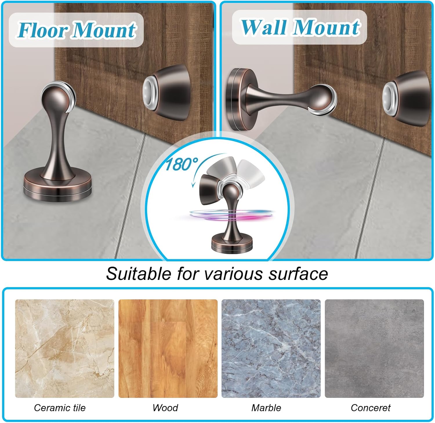 Magnetic Door Stoppers, Wall Floor Mount Door Stop, Oil Rubbed Bronze Heavy Duty Catch Holder, Stainless Steel, Doorstops for Bottom of Door, 2 Pack