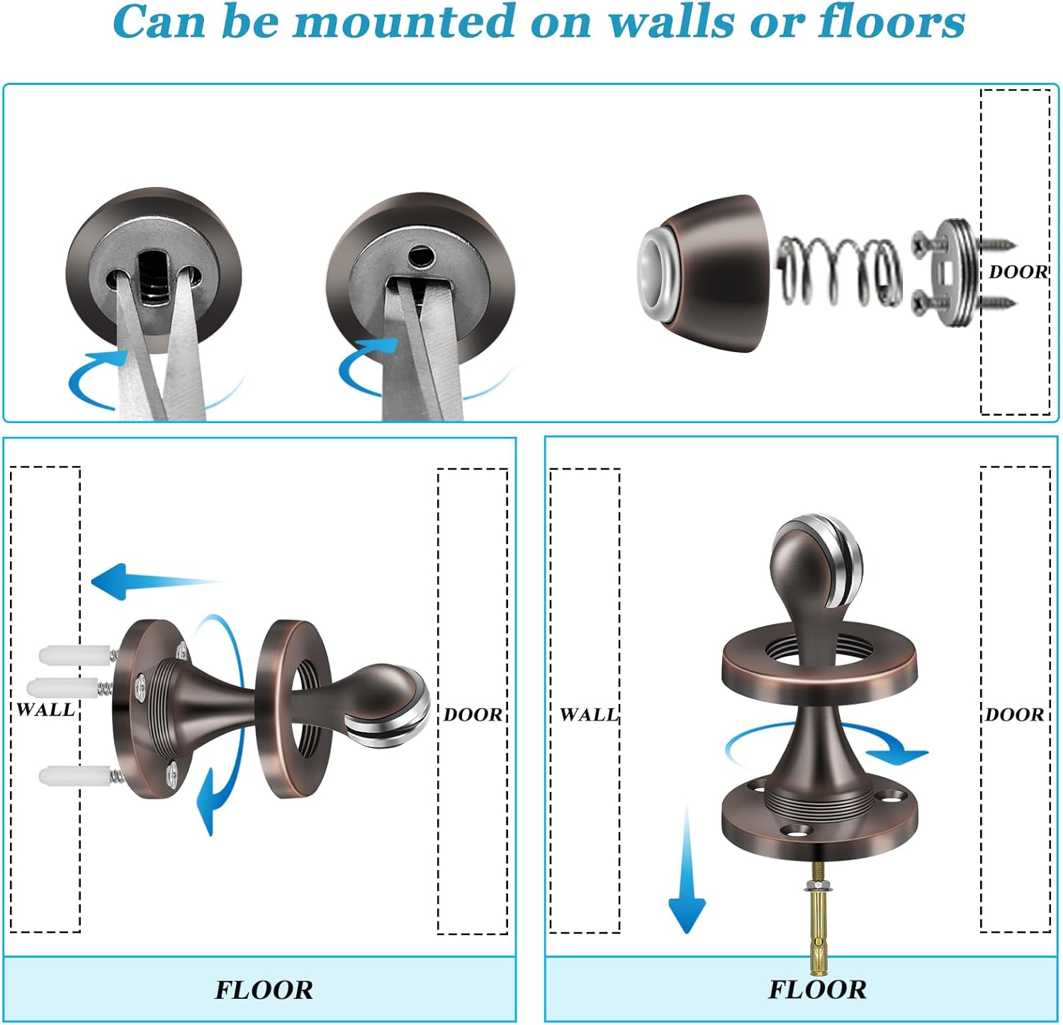 Magnetic Door Stoppers, Wall Floor Mount Door Stop, Oil Rubbed Bronze Heavy Duty Catch Holder, Stainless Steel, Doorstops for Bottom of Door, 2 Pack
