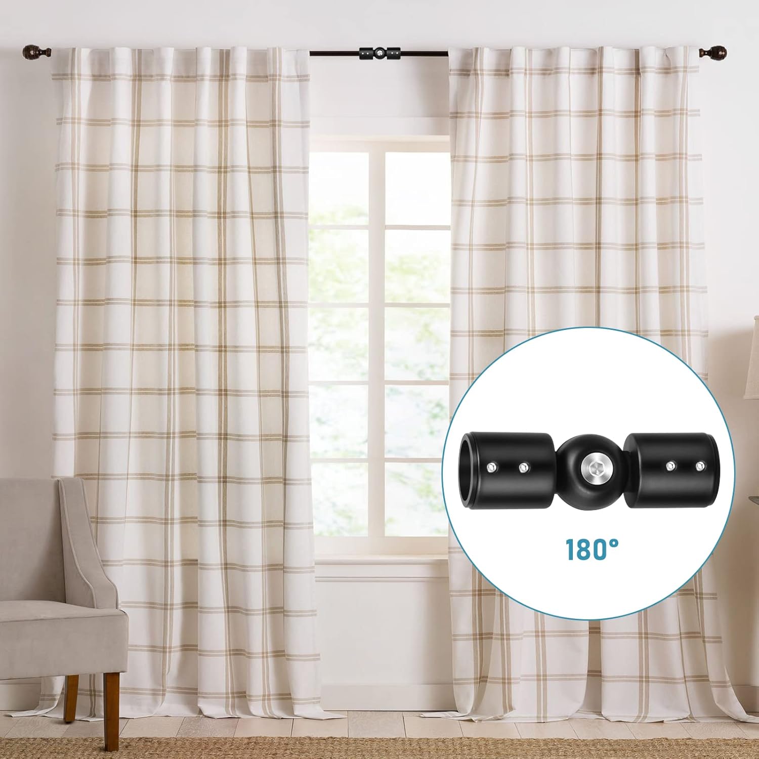 Curtain Rod Corner Connector Heavy Duty Hinged Elbow Connector, Adjustable Corner Curtain Rod Connector for 1 Inch Bay Window Curtain Rods, Black 1 Pack
