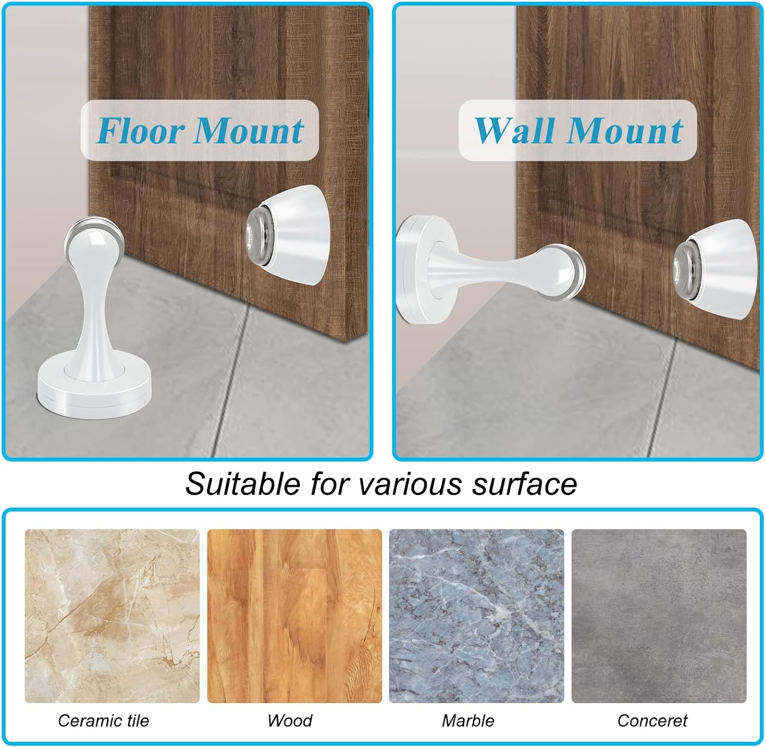 Door Stopper, Magnetic Door Stop White Wall Floor Mount Magnetic Door Stoppers Stainless Steel Magnetic Door Holder Catch Heavy Duty Modern Door Stops for Bottom of Door, 2 Pack