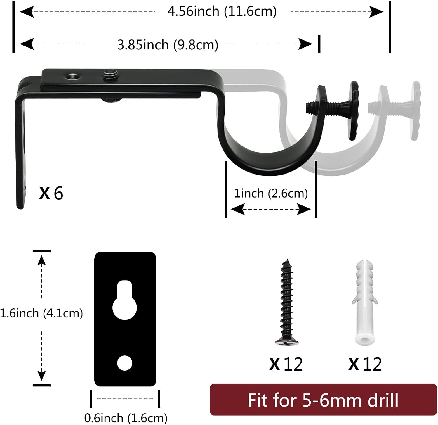 Adjustable Curtain Rod Bracket - 1 Inch Black Heavy Duty Hooks 6 Pack Hardware Extender Drapery Pole Holder for Wall