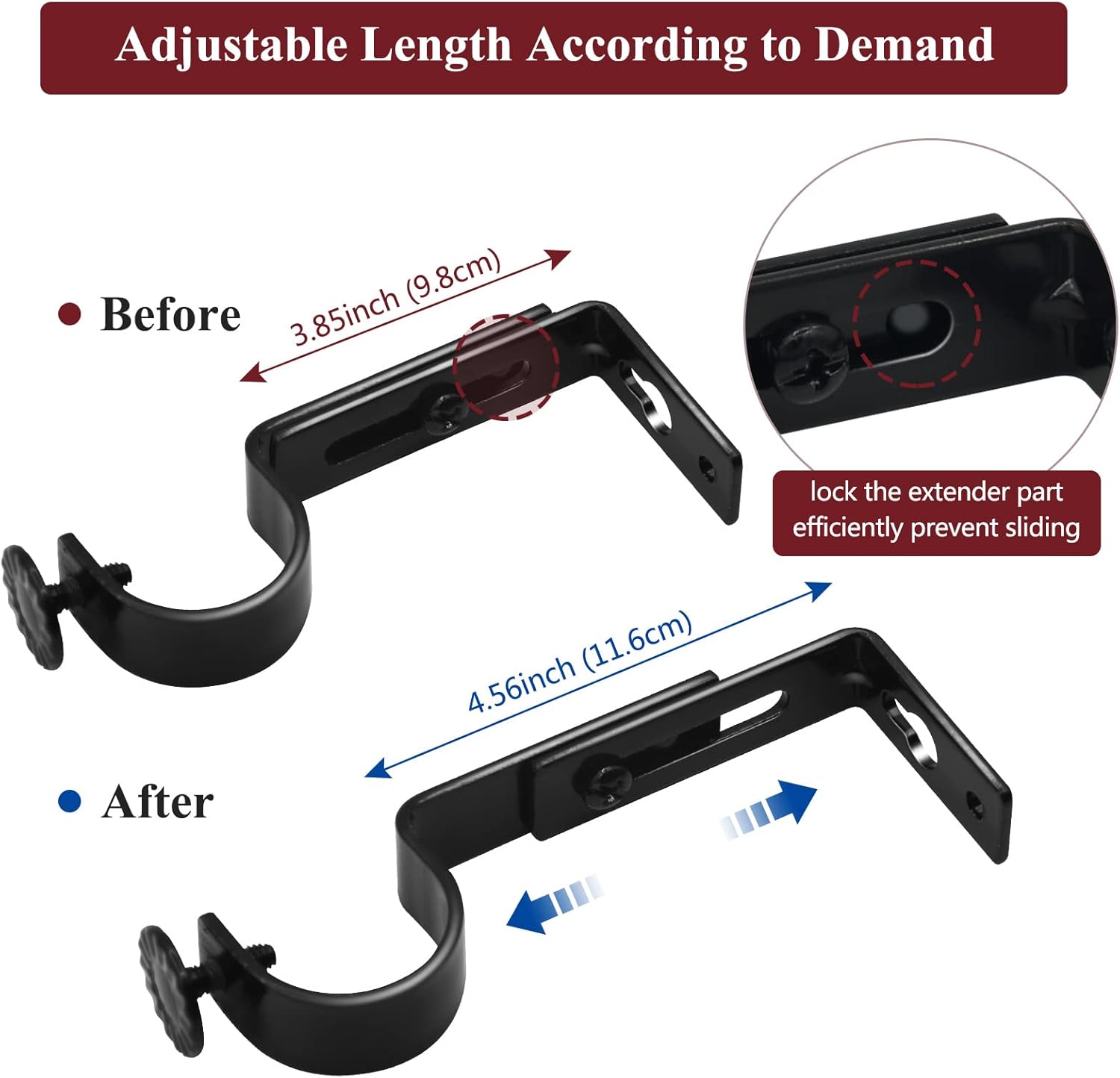 Adjustable Curtain Rod Bracket - 1 Inch Black Heavy Duty Hooks 6 Pack Hardware Extender Drapery Pole Holder for Wall