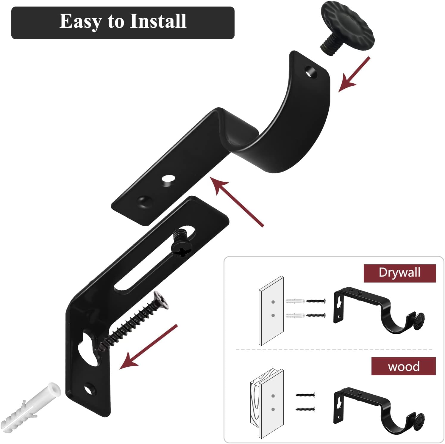Adjustable Curtain Rod Bracket - 1 Inch Black Heavy Duty Hooks 6 Pack Hardware Extender Drapery Pole Holder for Wall