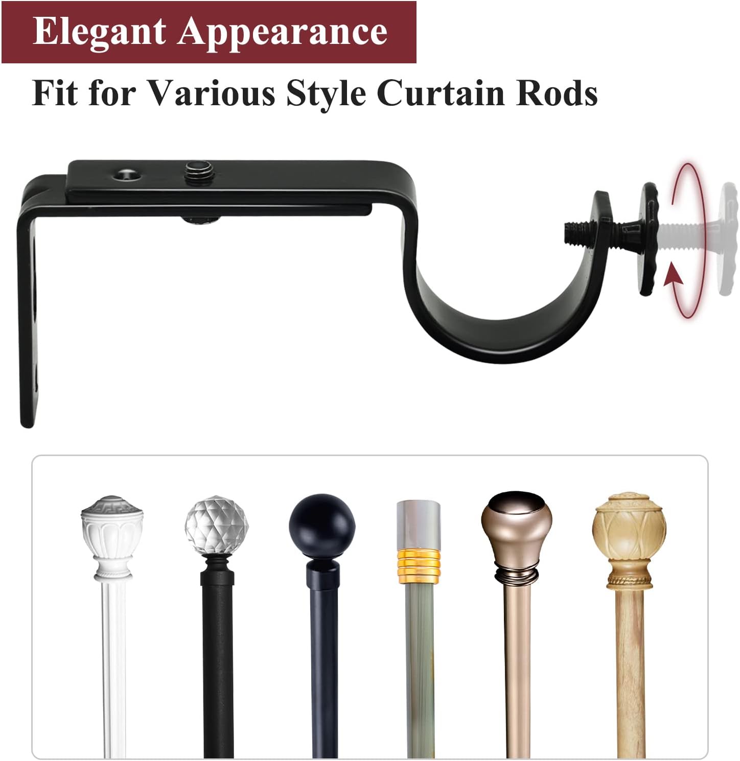 Adjustable Curtain Rod Bracket - 1 Inch Black Heavy Duty Hooks 6 Pack Hardware Extender Drapery Pole Holder for Wall