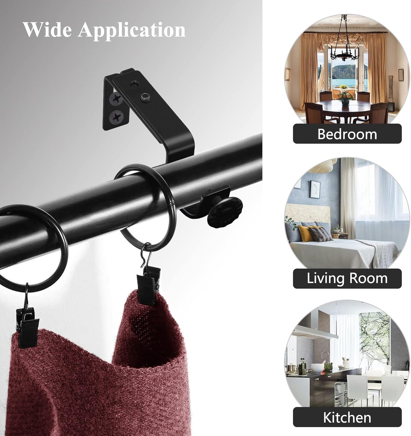Adjustable Curtain Rod Bracket - 1 Inch Black Heavy Duty Hooks 6 Pack Hardware Extender Drapery Pole Holder for Wall