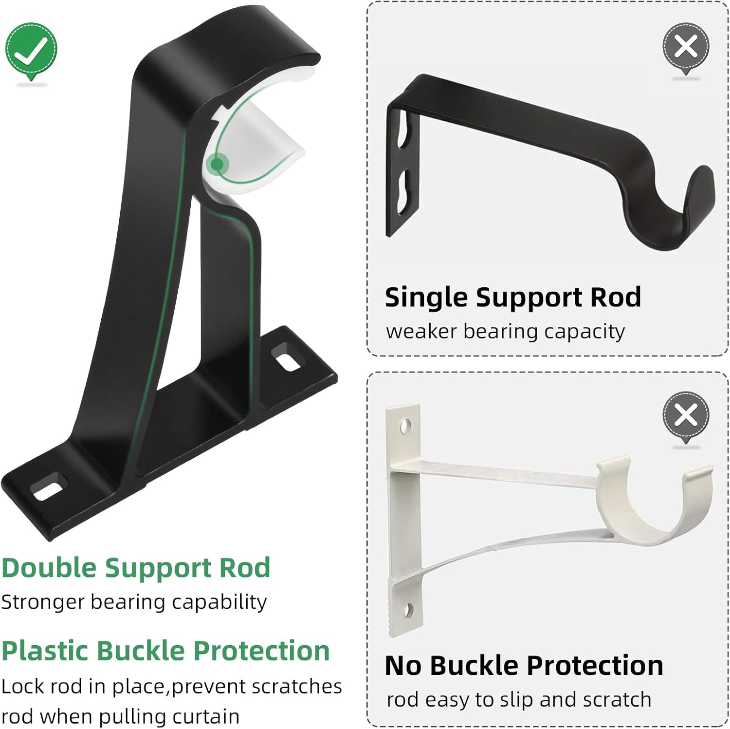 Curtain Rod Bracket, 4 Pack Heavy Duty Rods Holders Black Curtain Rod Hooks Brackets for Wall Single Drapery Rods Hangers Support Fit for 1 Inch Drape Pole