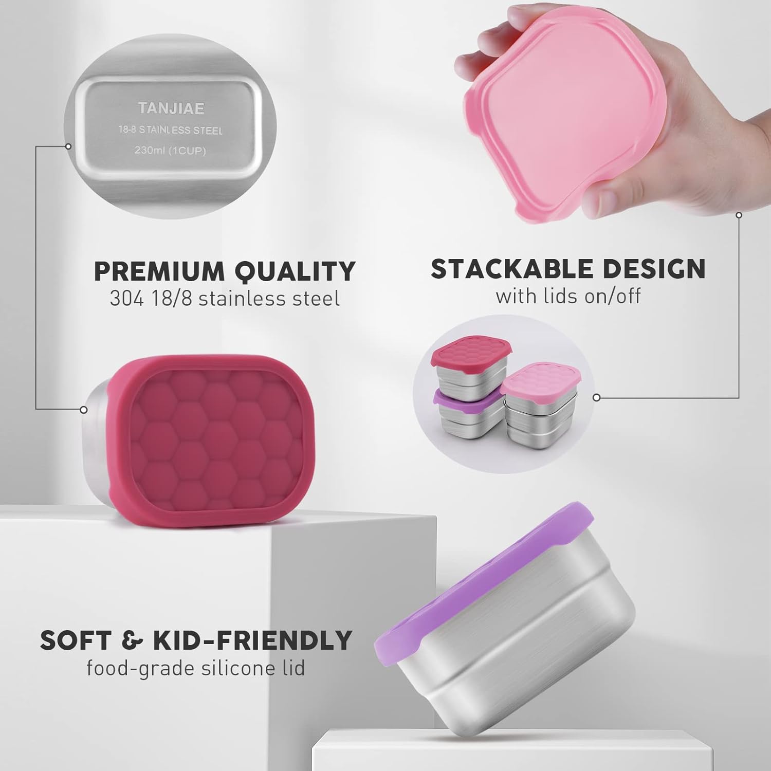 Small 1 CUP Stainless Steel Snack Containers for Kids | Easy Open Leak Proof Food Containers with Silicone Lids - Perfect l Toddler Lunch Box for Daycare and School 8oz