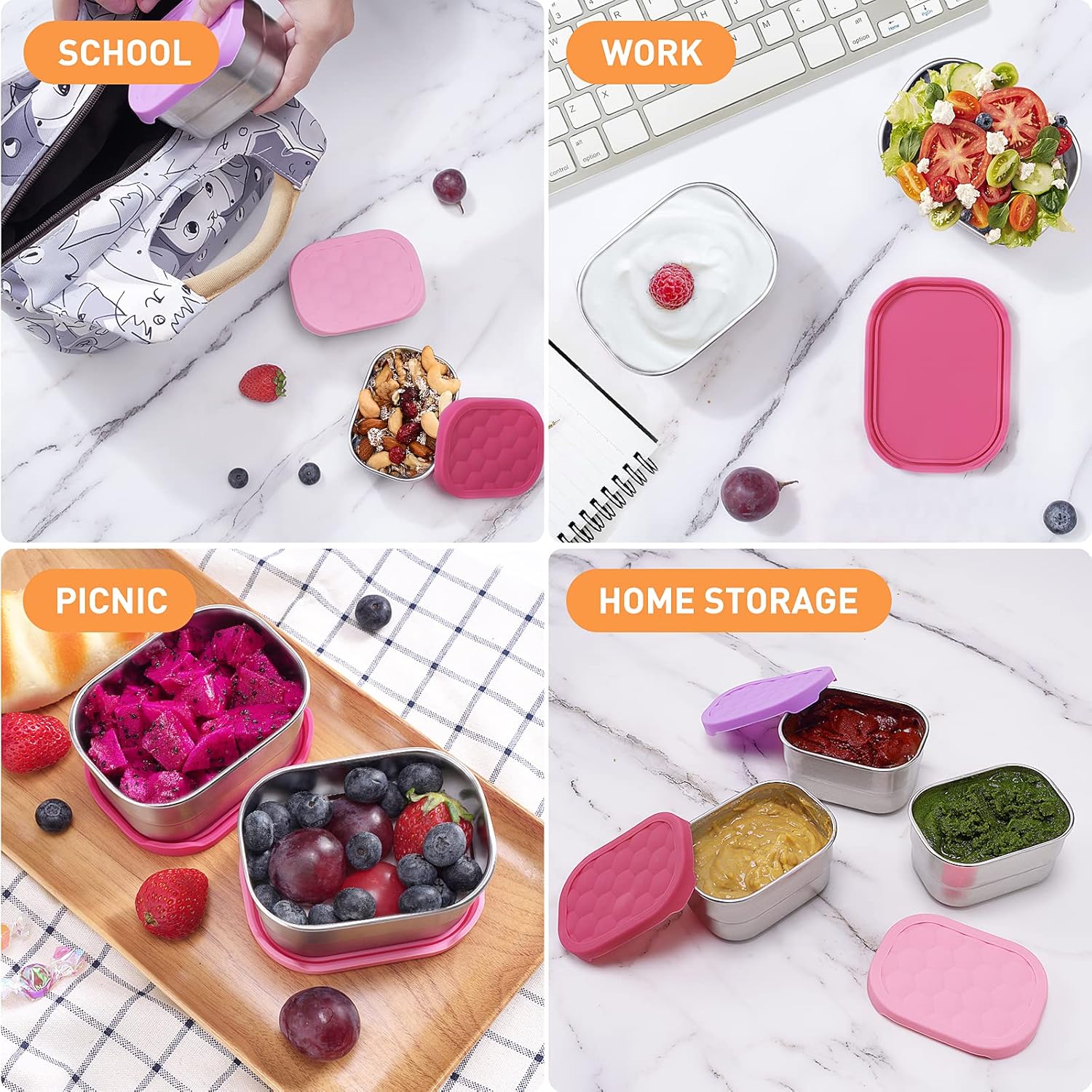 Small 1 CUP Stainless Steel Snack Containers for Kids | Easy Open Leak Proof Food Containers with Silicone Lids - Perfect l Toddler Lunch Box for Daycare and School 8oz