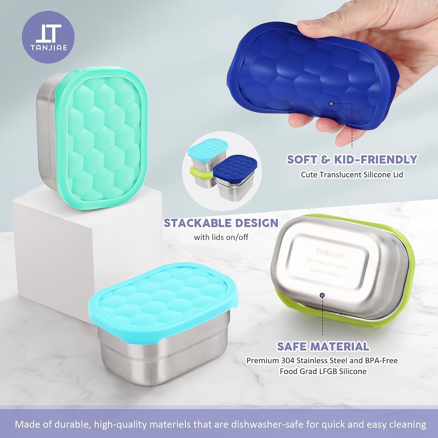 4Pack 8oz Small 1 CUP Stainless Steel Snack Containers for Kids | Reusable Easy Open Toddler Snack Containers with Silicone Lids | Stackable Toddler Lunch Box for Daycare, School and Travel