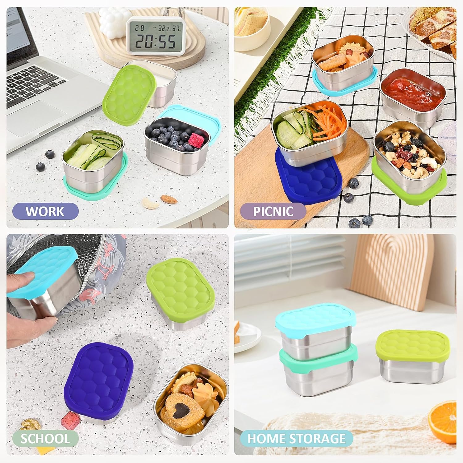 4Pack 8oz Small 1 CUP Stainless Steel Snack Containers for Kids | Reusable Easy Open Toddler Snack Containers with Silicone Lids | Stackable Toddler Lunch Box for Daycare, School and Travel