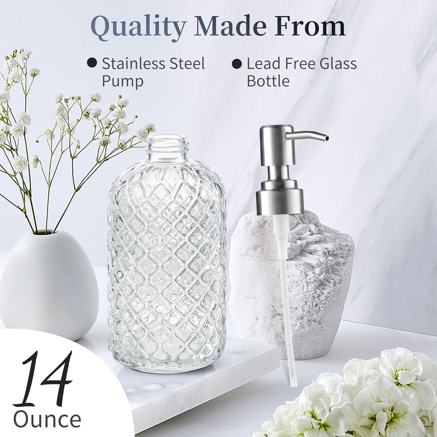 14 Oz Refillable Glass Soap Dispenser with Rust Proof Stainless Steel Pump, for Dispense Hand soap, Body wash, Lotion