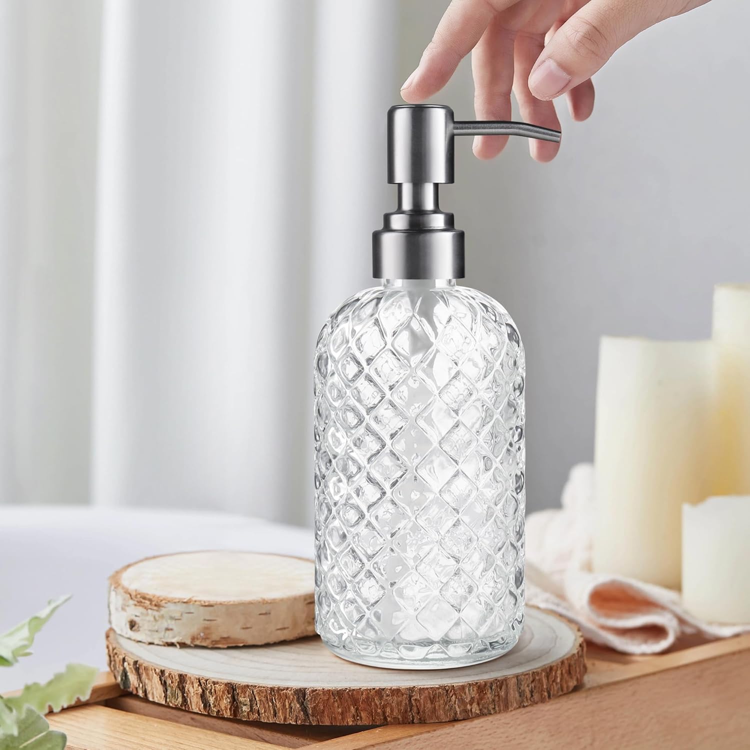 14 Oz Refillable Glass Soap Dispenser with Rust Proof Stainless Steel Pump, for Dispense Hand soap, Body wash, Lotion